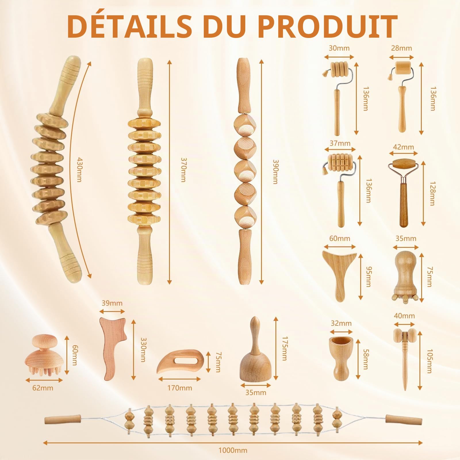 16 Pièces Massage Thérapeutique en Bois, Kit Maderotherapie Anti Cellulite Massage Professionnel pour Mise en Forme du Corps, Drainage Lymphatique, Soulagement des Douleurs Musculaires