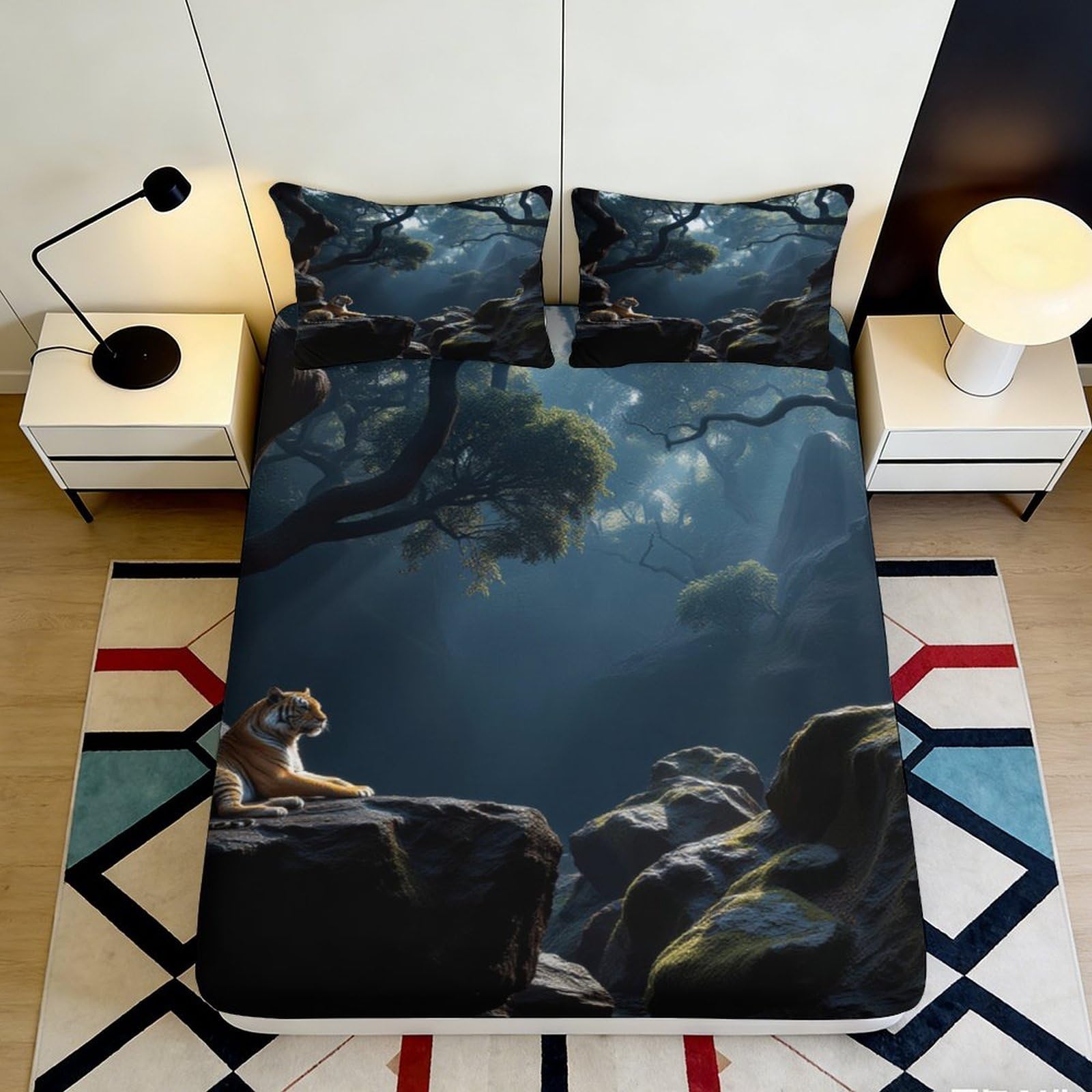3D Printed Tiger Forest Fitted Sheet Microfiber Soft Non-Slip Bed Cover Scenic Jungle Mattress Protector 140x200x25cm