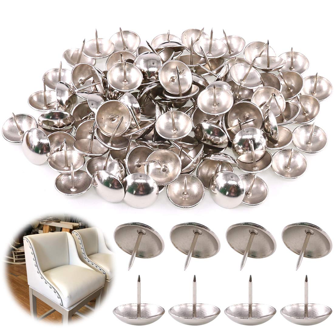 Keadic Silver 100Pcs 1" (25Mm) Antique Upholstery Tacks Furniture Nails Pins Assortment Kit For Upholstered Furniture Cork Board Or Diy Projects
