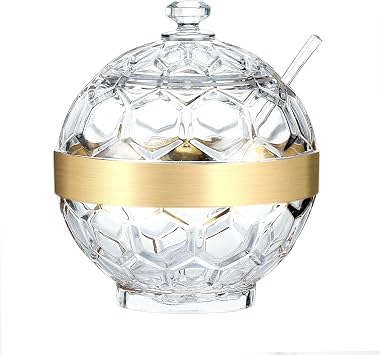 Clear Acrylic Sugar Bowl with Lid and Spoon,10 oz Sugar Container for Coffee Bar Accessories, Sugar JarGold-plated