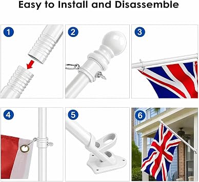 Holdfiturn 6FT Flagpole Kit with Bracket Wall Mounted Stainless Steel White