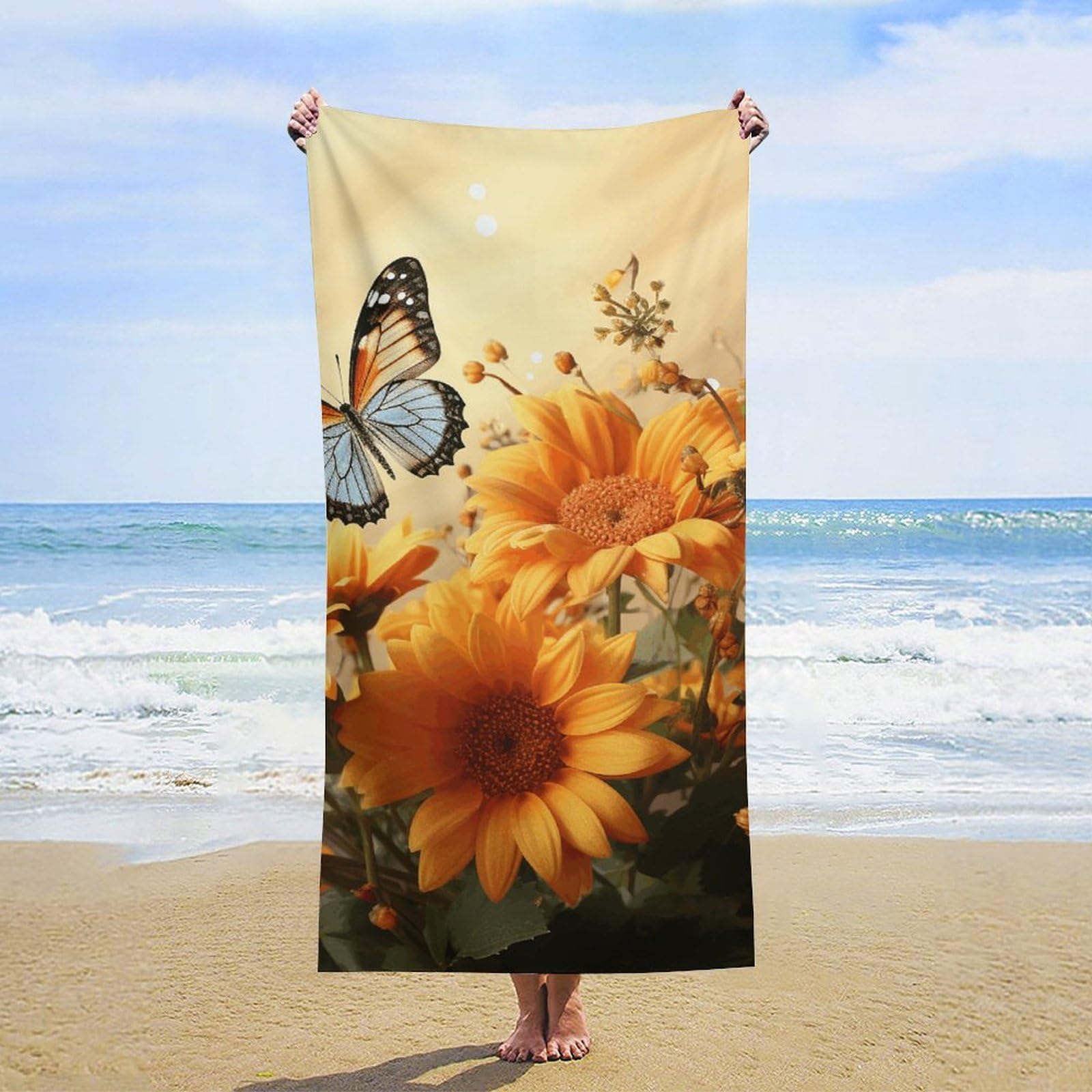 NTVOWPZO Cute Sunflower and Butterfly Beach Towel Oversized Microfiber Bath Towels Lightweight Sand Proof Beach Towels Absorbent Pool Towels for Swimming Yoga Bathroom Towel 31.5" X 63"