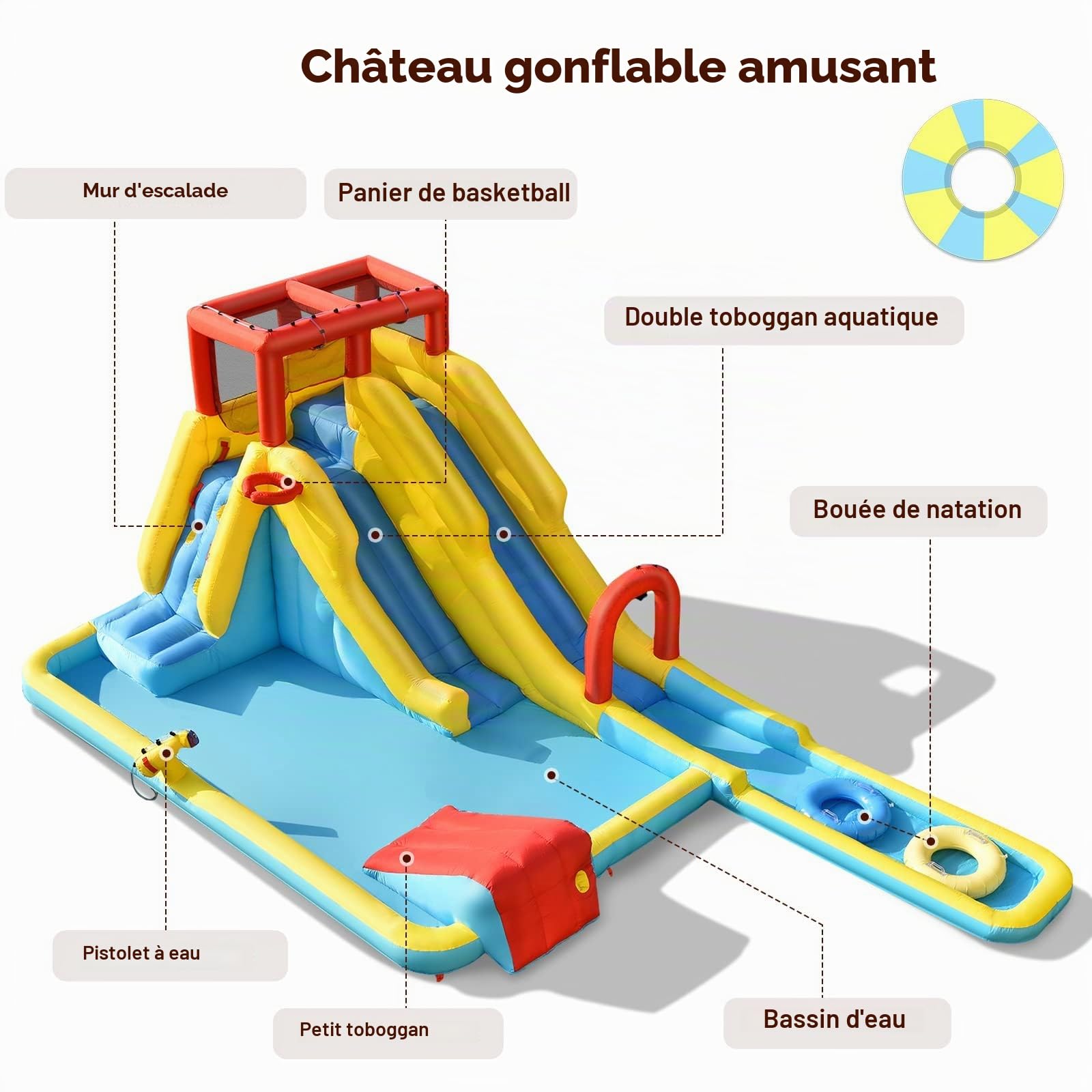 FANTASK Château Gonflable avec Sac de Transport, bouées, Basket-Ball Gonflable et kit de réparation Toboggan Aquatique, Parc Aquatique pour l'extérieur, avec Pistolet à Eau, Mur d'escalade et Panier
