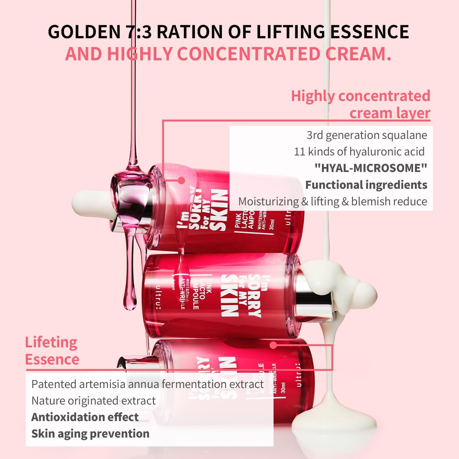 I'M SORRY FOR MY SKIN Facial Skin Ampoule, Korean Skin Care Serum for Face with Centella Asiatica and Hyaluronic Acid, Moisturizing & Glowing Effect (Pink Lacto Ampoule) - Image 8