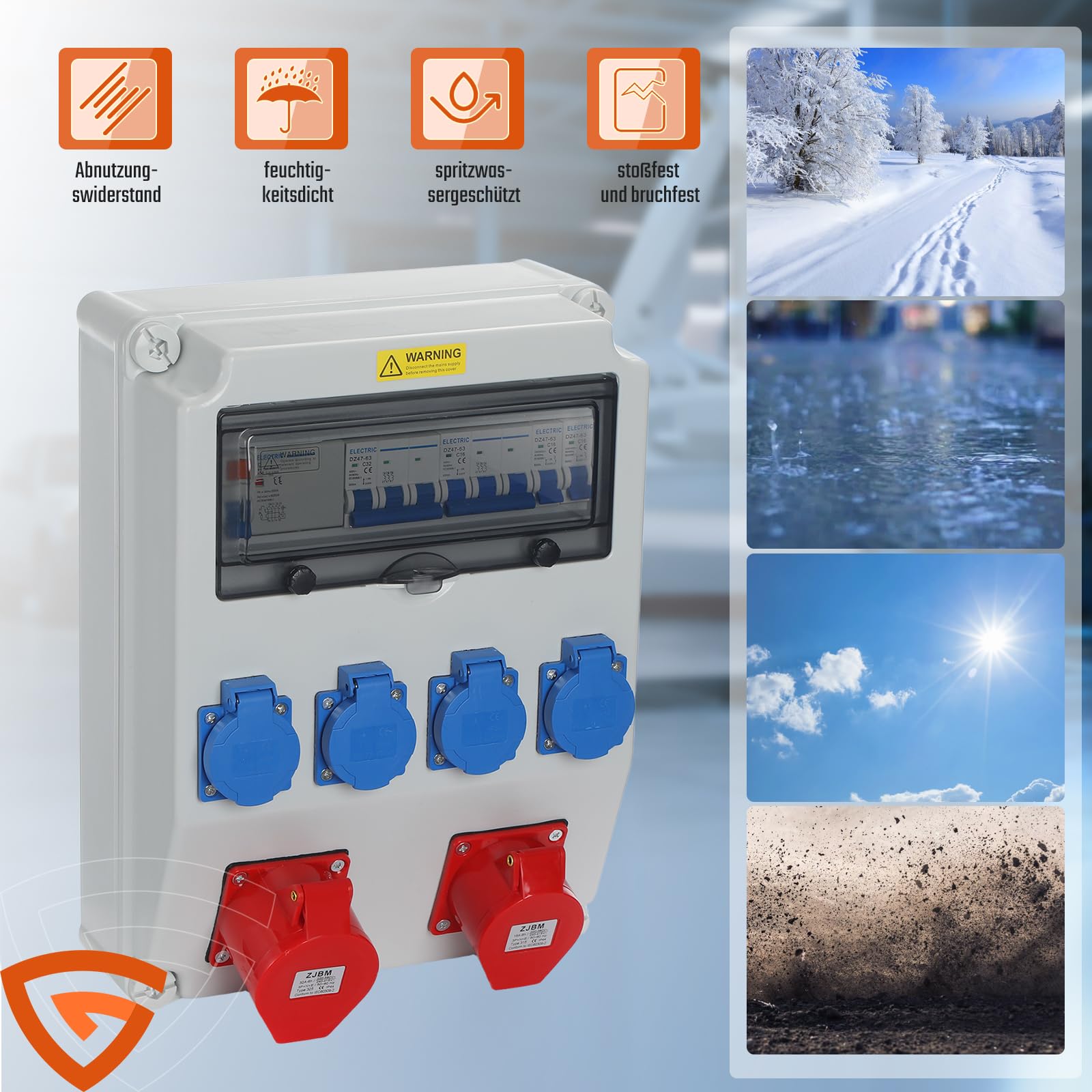 Wandverteiler Stromverteiler Vorverkabelt, 4x 230V + 1x CEE 16A + 1x CEE 32A mit LS und 40A FI, IP67 Wasserdicht Baustromverteiler für Innen Außenbereich auf Baustellen