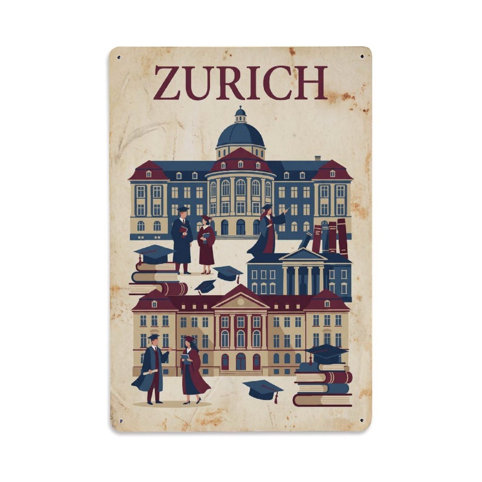 Este 8X12inch Style Vintage Travel Zurich Switzerland Updated Metal Tin Sign