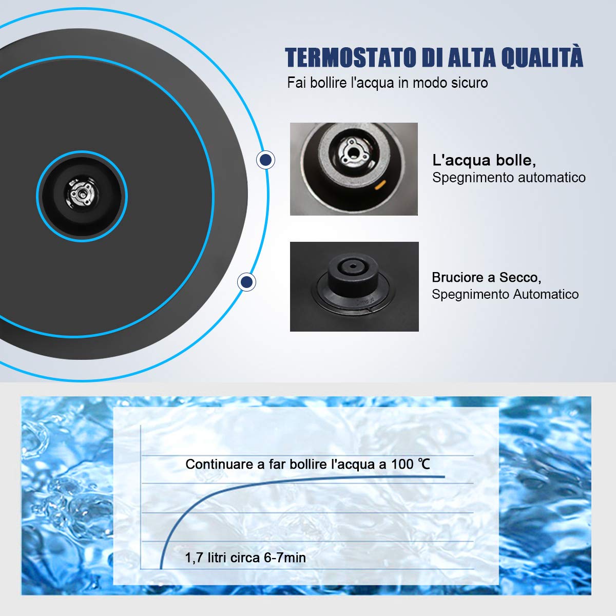 EXTRASTAR Hervidor de agua eléctrico, hervidor con luz indicadora LED azul, hervidor eléctrico sin BPA con apagado automático y protección contra ebullición en seco Acero Inoxidable 1.7L