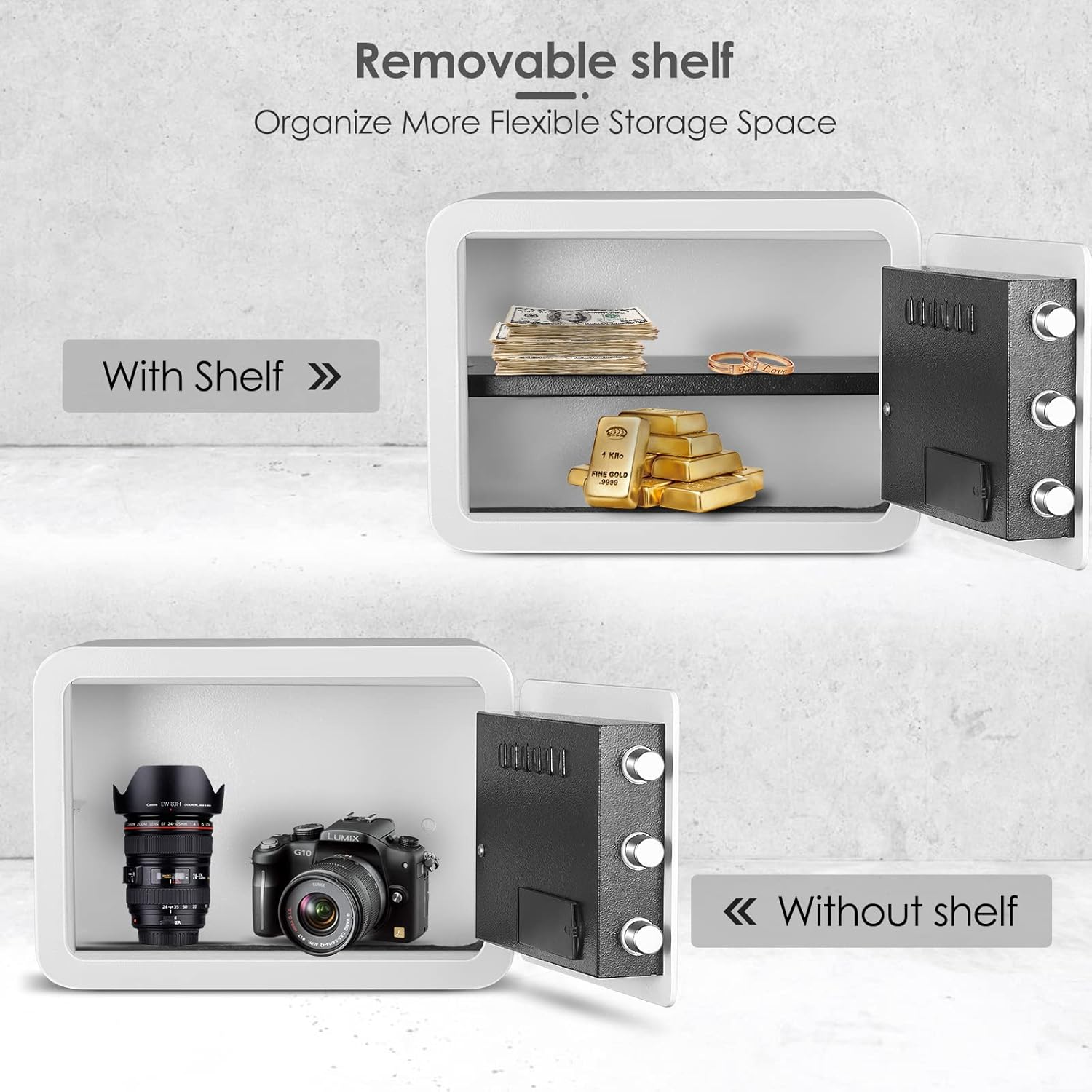 Diosmio safe interior showing a removable shelf with items, and without the shelf for larger items.