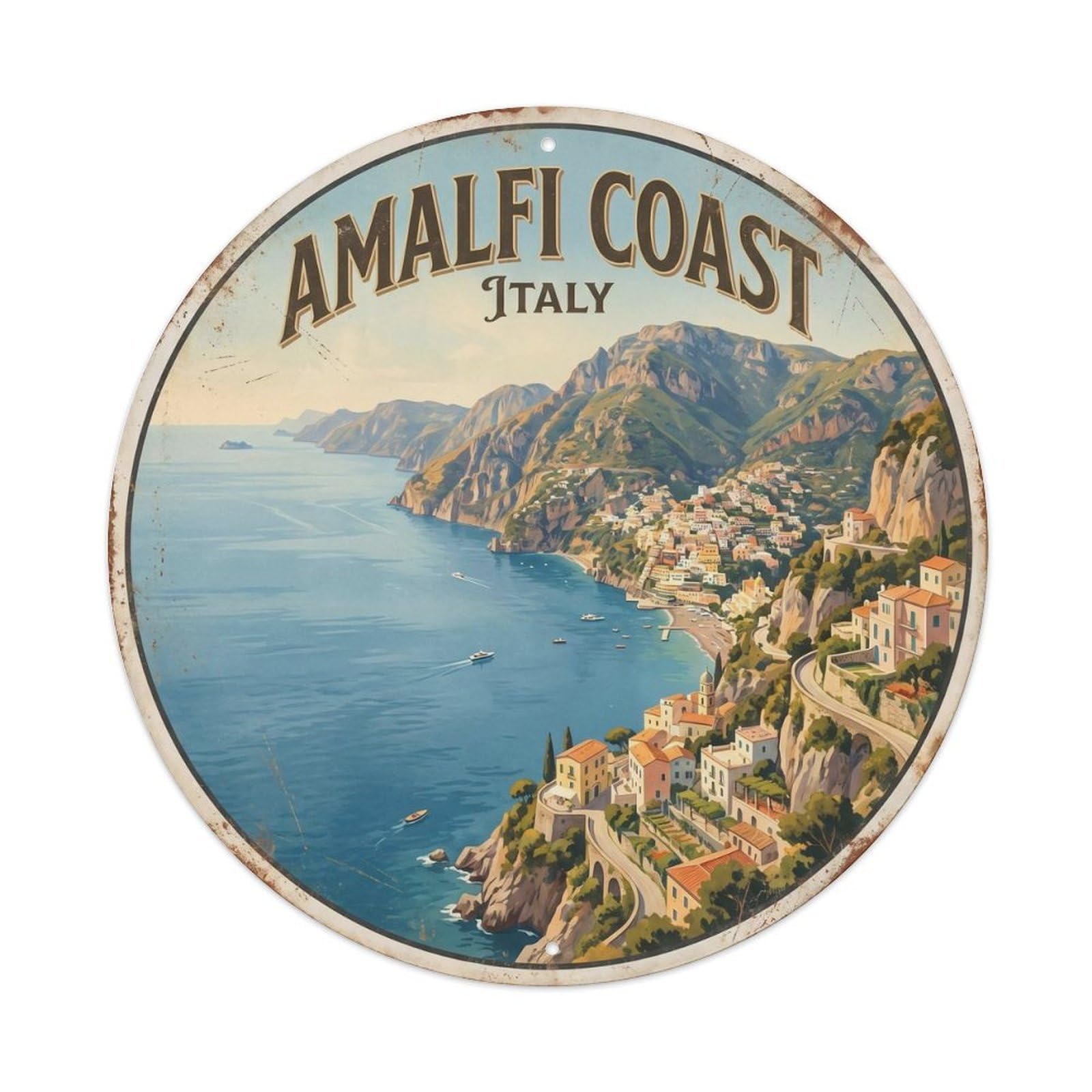 Classic Amalfi Mediterranean Panorama Destination Travel Metal Tin Sign Plaque Wall Decor for Cafe, Man Cave, Club Bar, Office, Home Garden Round Metal Poster 8x8Inch