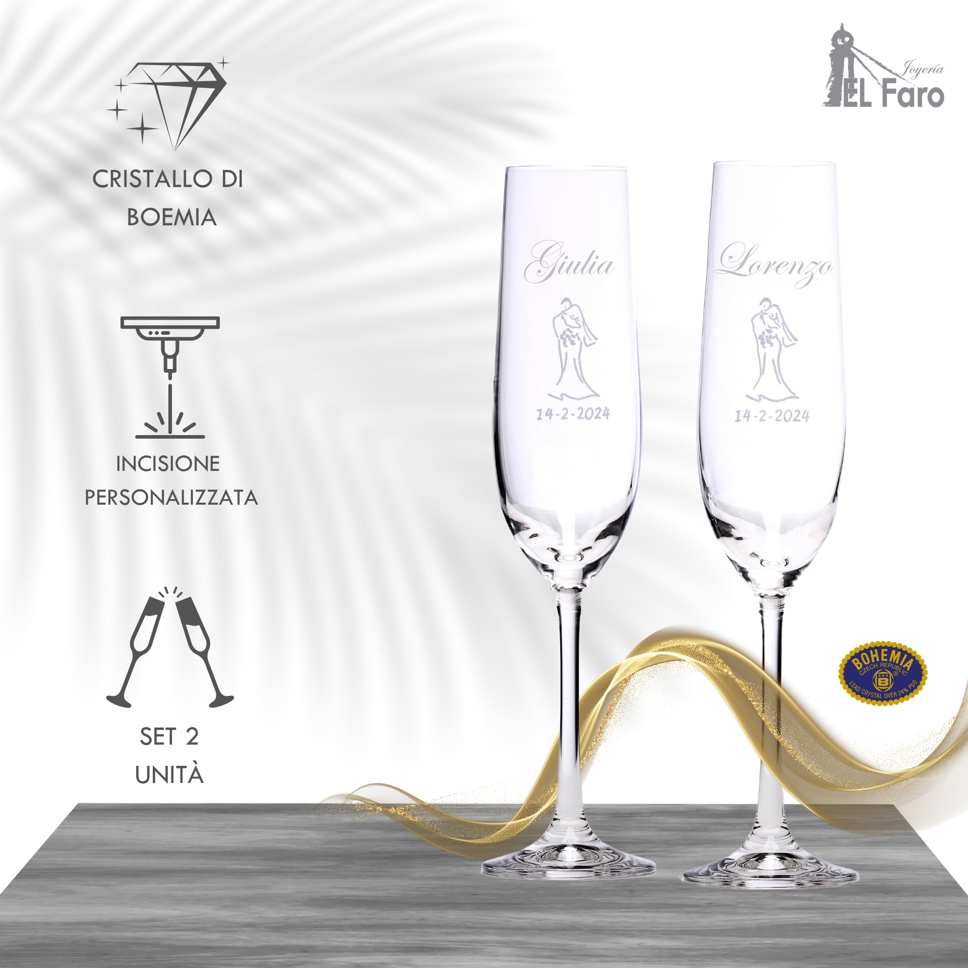 JOYERIA EL FARO | Calici personalizzati per sposi | Incisi con nomi | Cristallo di Boemia ad alta resistenza | Cofanetto premium | Brinda all’amore