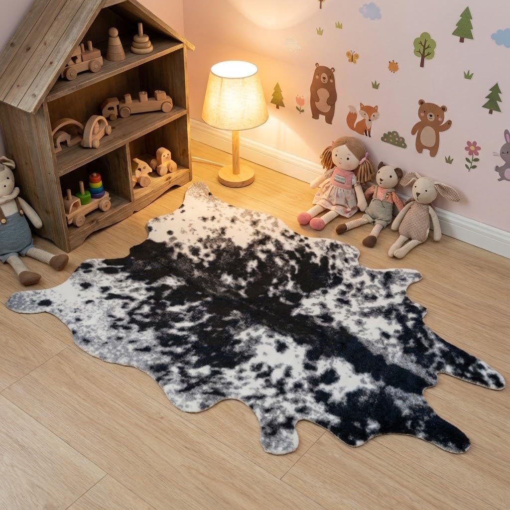 MustMat Faux Cowhide Rug Cow Print Rug Western Cowhide Area Rugs for Living Room (Black and White, 2.6ft x 4.1ft)