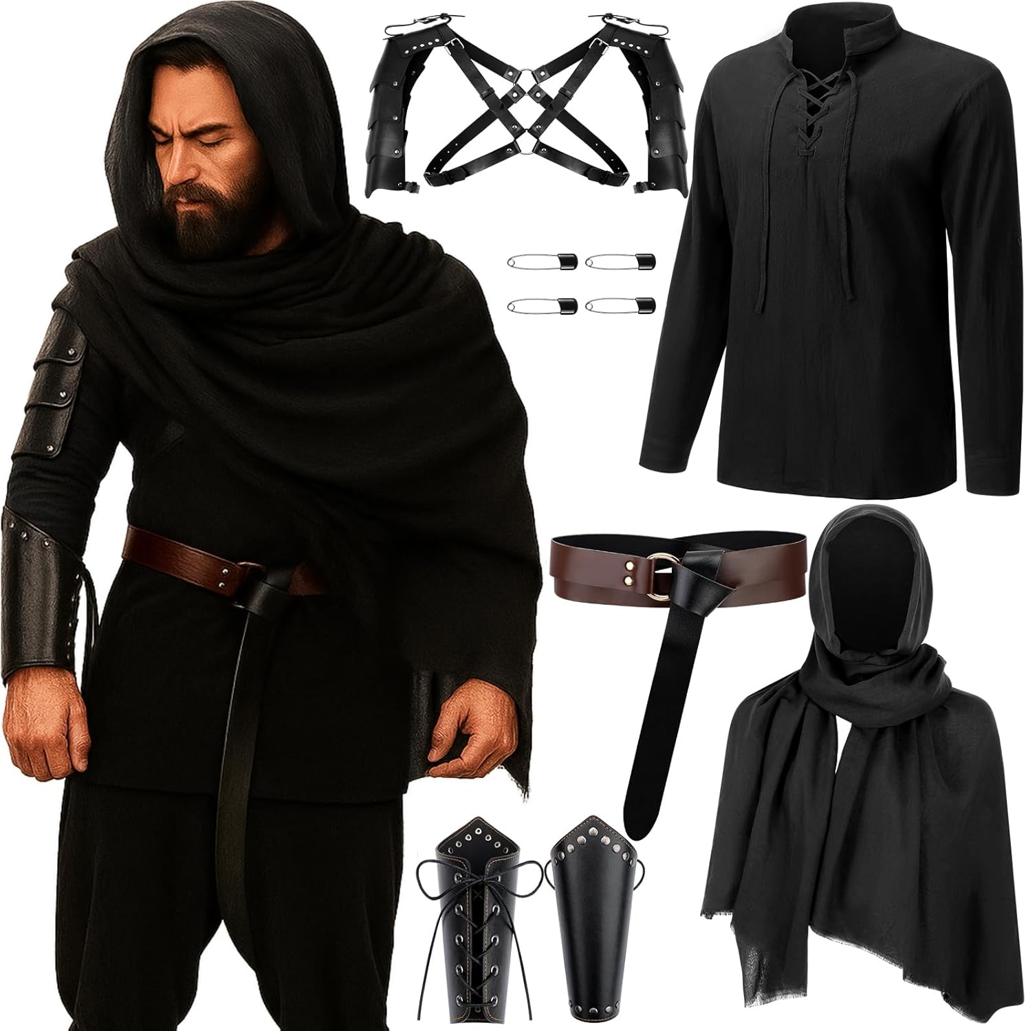Leumoi 5 Pcs Mens Renaissance Costume Set Medieval Pirate Shirt Viking Shawl Belt Shoulder Armor Halloween Cosplay