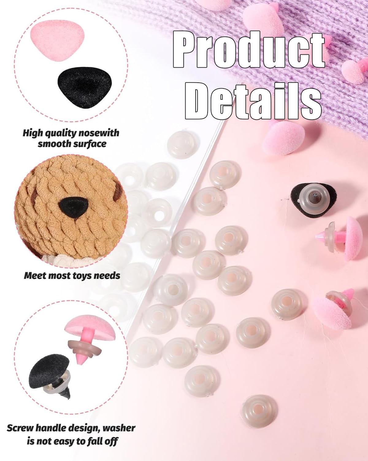 32 Pezzi Nasi di Sicurezza per Animali all'Uncinetto, Naso con Floccatura di Sicurezza per Animali di Peluche Nero Rosa, Naso Giocattolo con Rondelle
