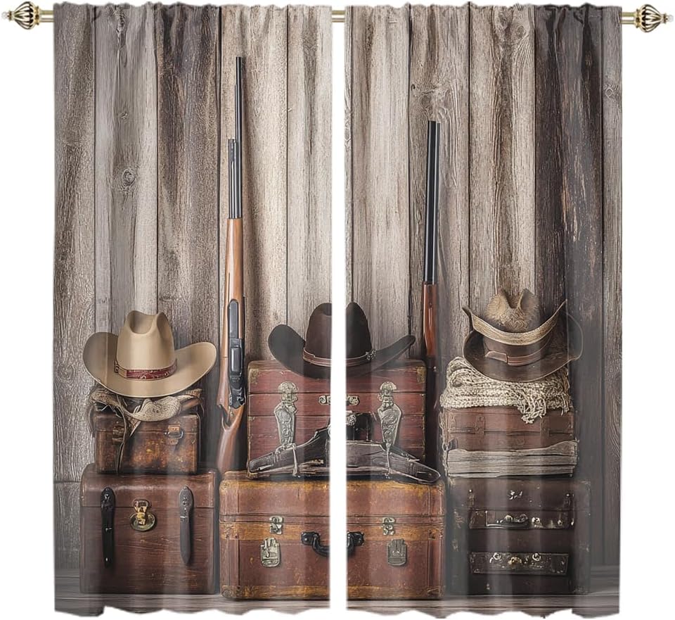 Watercolor Rustic Western Cowboy Blackout Curtains for Bedroom Vintage Wood Panel Farmhouse Cowboys Heat Insulating Blackout Curtains for Living Room 2 Panels Each 21" W x 63" L
