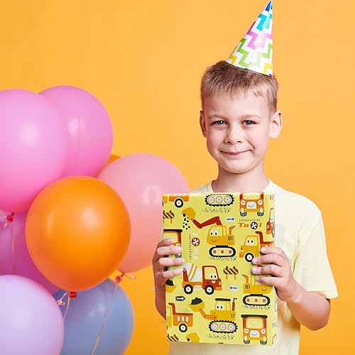 Miniatura 5 de Road Under Construction - Papel de regalo de camión tractor para niños y hombres, papel de regalo de cumpleaños, diseño de construcción, 7 hojas