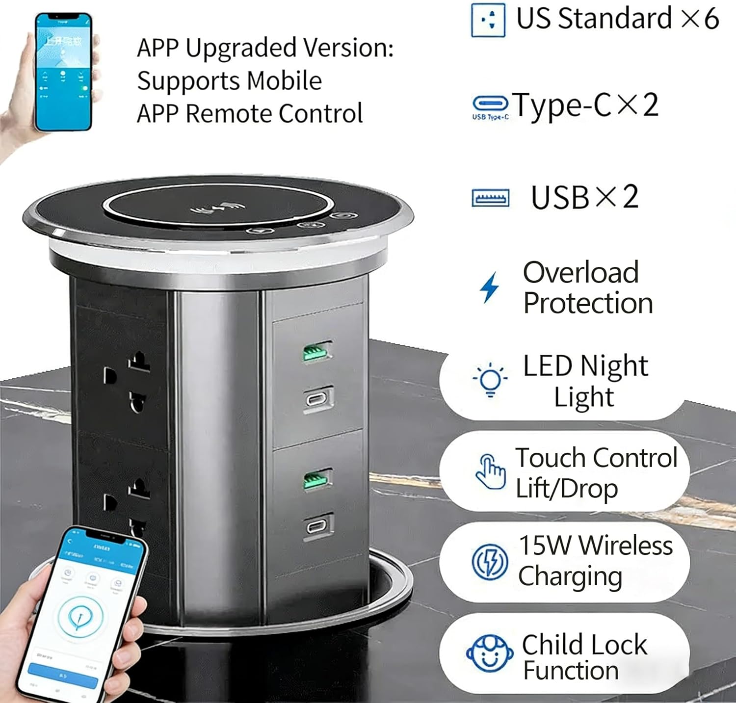 German Technology Motorized Pop Up Outlet for Countertop 15W Fast Wireless Charger, Countertop Electrical Outlet with 6 AC Outlets & 4 USB Ports (20W PD), APP Remote Control,Free 4.92 inch Hole Saw