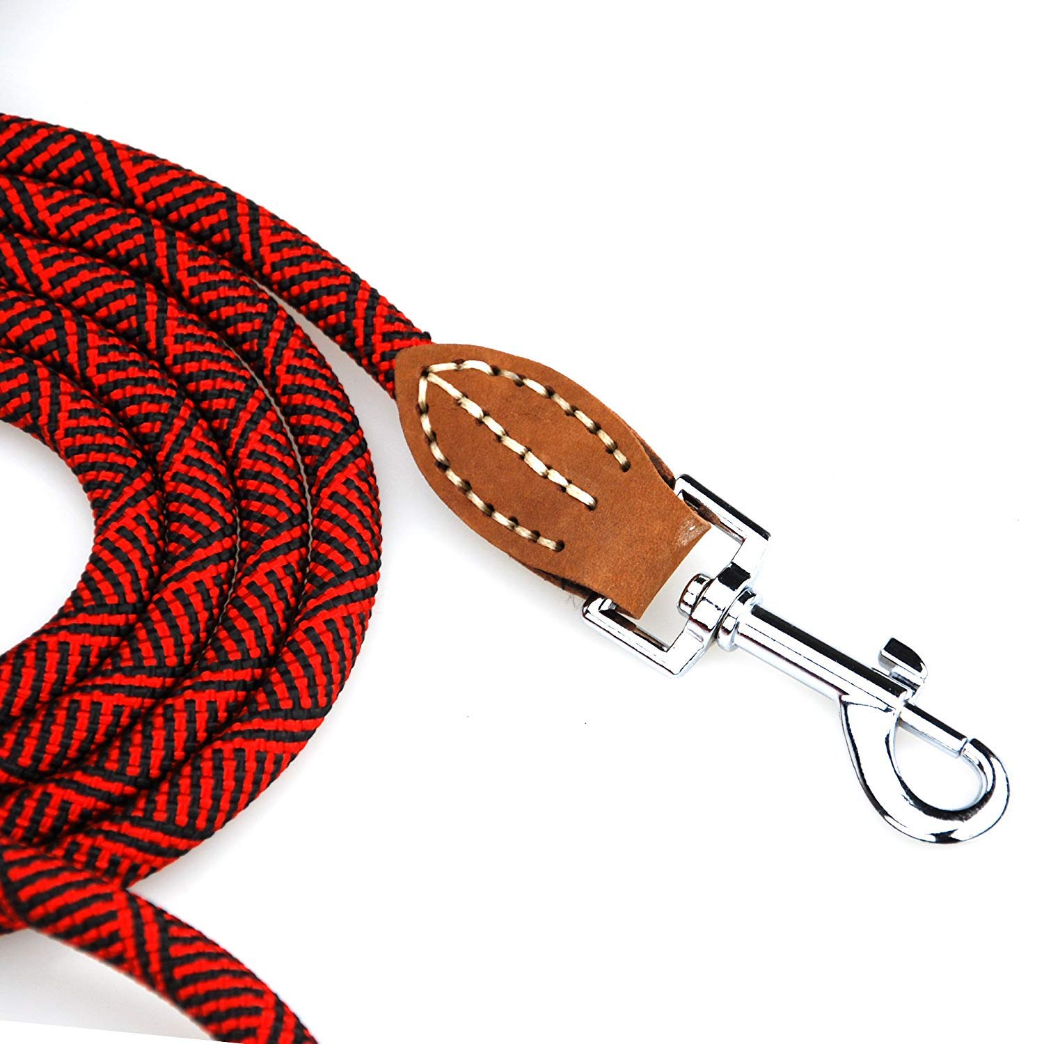 Mile High Life Correa de Cuerda de Perro de Escalada de montaña con Mango de Cuero(152 CM, Rojo) | Correa de cuerda, cierre de metal giratorio de 360° resistente, para perros pequeños, medianos y grandes (rojo, 60 pulgadas)