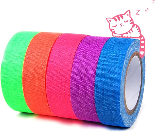 5 rolls of 5-color neon tape and 1 cat luminous switch sticker, UV fluorescent tape, luminous in the dark, for party decoration, holiday supplies, cable protection (15MM * 5M)