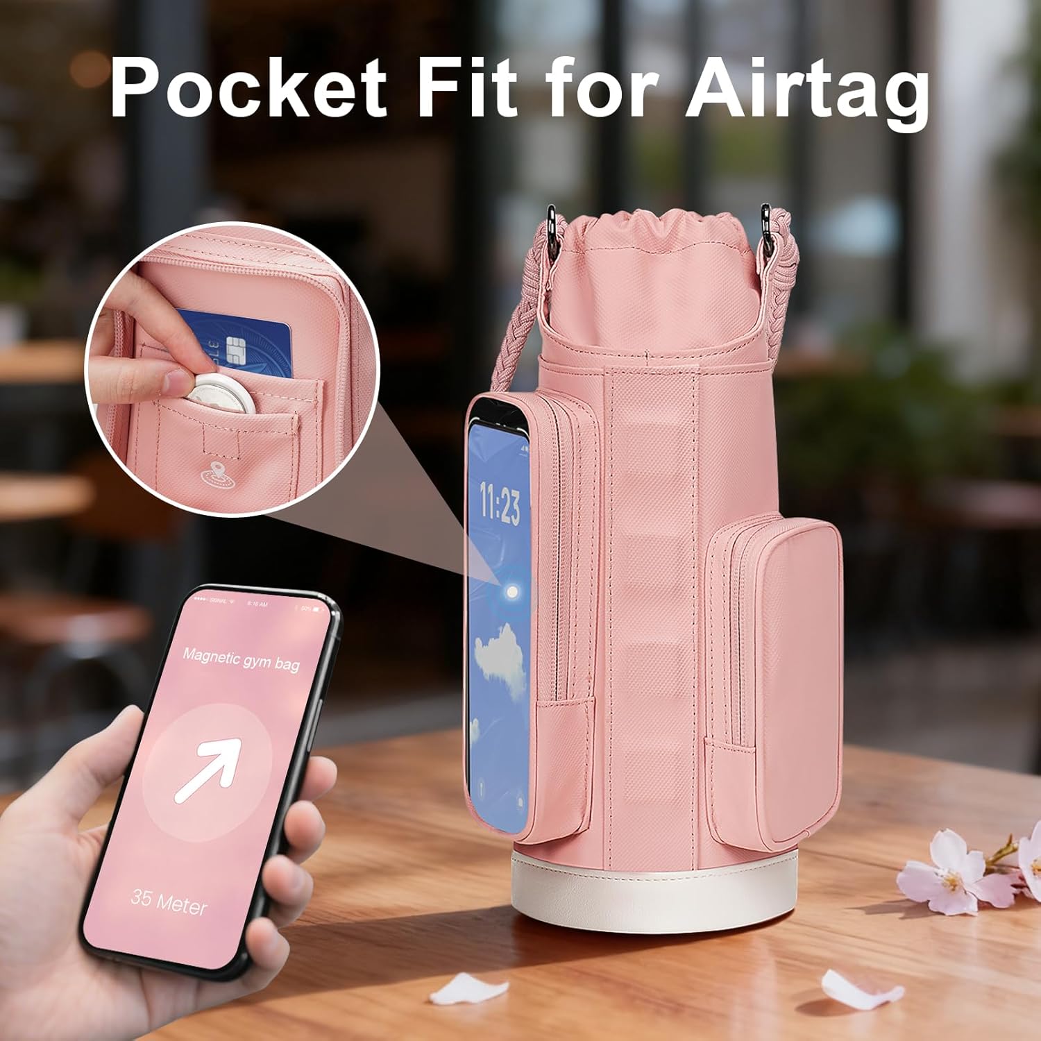 YOREPEK Insulated Magnetic Gym Bag for Women, Magnetic Water Bottle Holder with Diy Woven Hand Strap, Phone & Pouch for Air Tag, Water-Resistant Bottle Bag for Gym, Work, Outdoor, Pink - Image 7