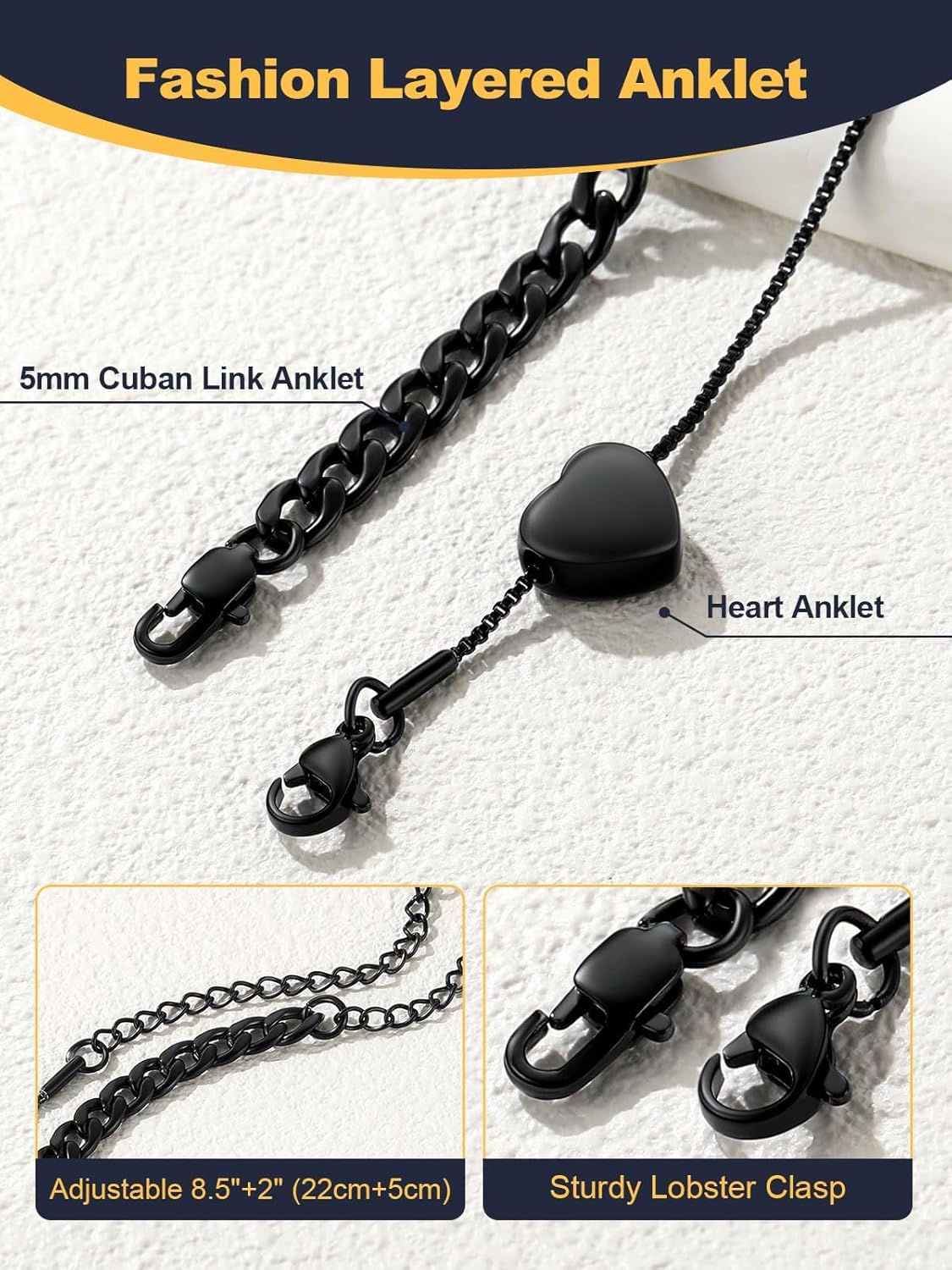 U7 2Pcs/3Pcs Ankle Bracelets for Women, Stainless Steel Cuban Link/Figaro/Rope/Heart Chain Anklets Sets,Waterproof Layered Anklets Adjustable 8.5"-10.5" - Image 7