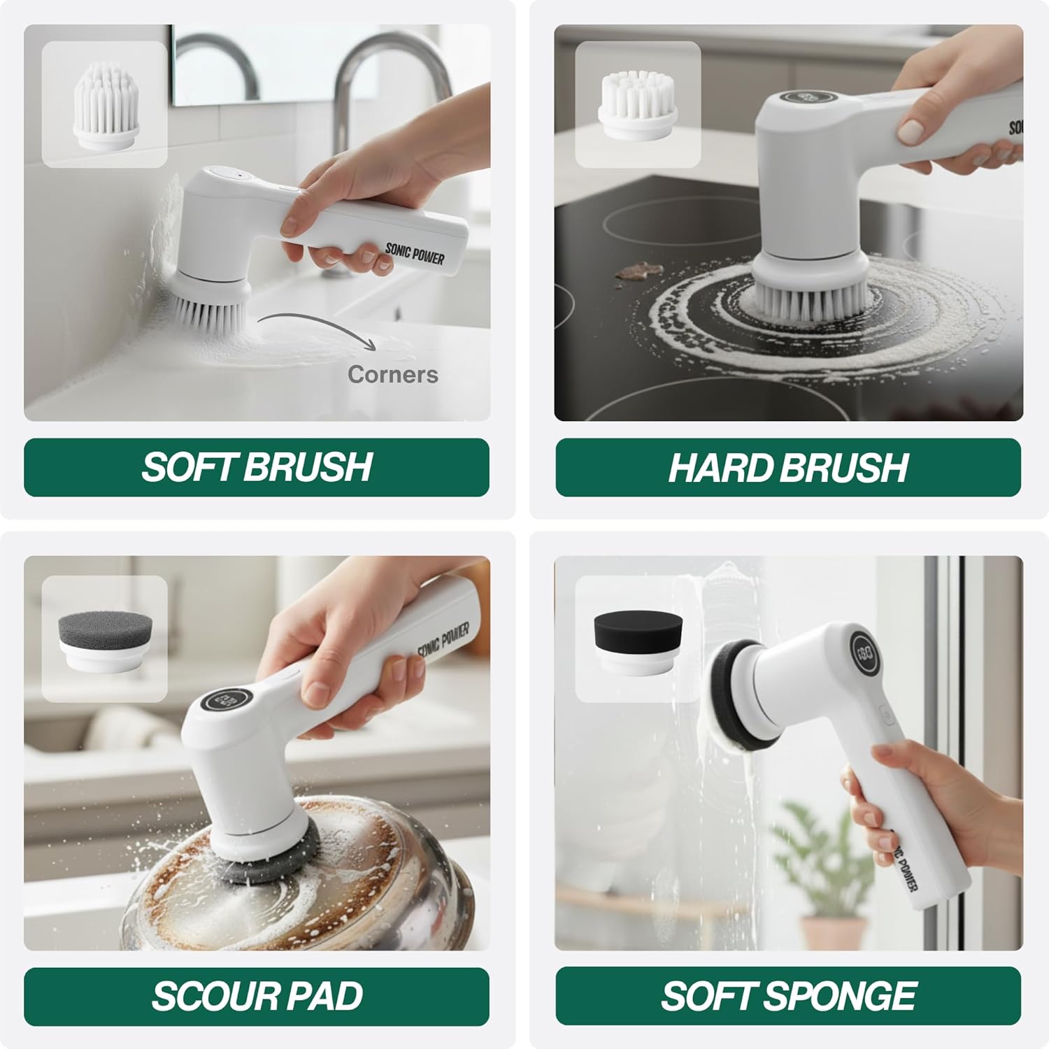 Electric Spin Scrubber – Handheld & Ergonomic, IPX7 Waterproof, 4 Multi-Purpose Brush Heads, Long-Lasting Rechargeable Battery – Cleans Dishes, Bathroom, Tile, Grout & Kitchen (White)