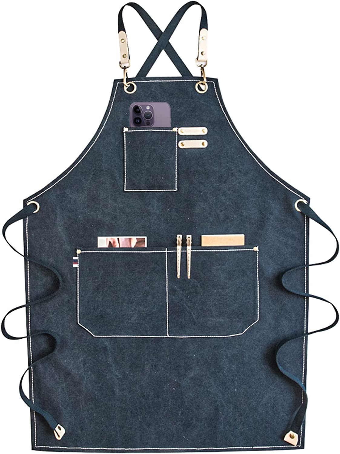 THMINS Tool Aprons for Men Women with Large Pockets, Cotton Canvas Cross Back Heavy Duty Adjustable Work Apron