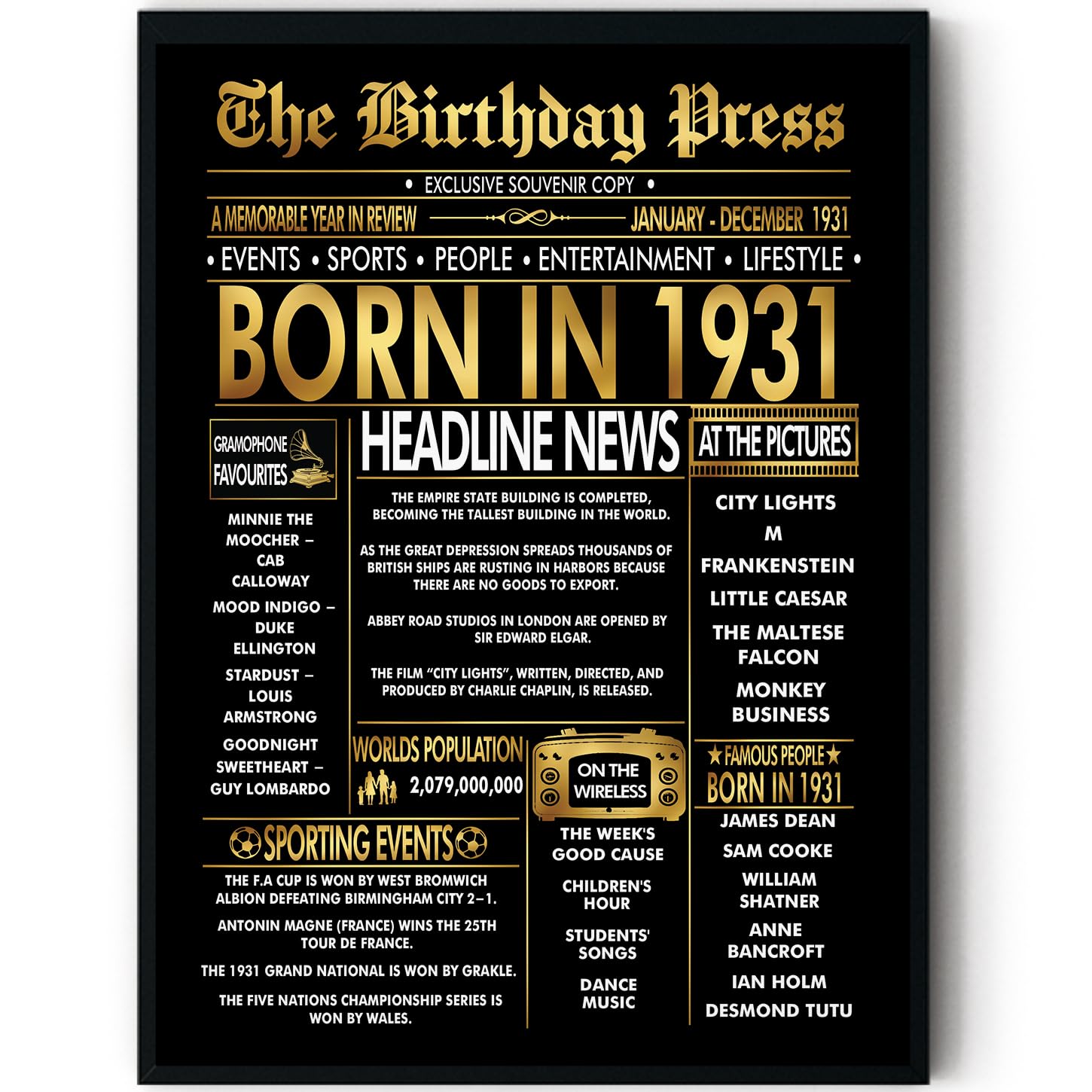 Stuff4 Men's 1931 Gold 95Th Birthday Poster Framed - Golden Born In Newspaper - Happy 95 Birthday For Wo Retro Vintage Gifts Back In 8X10 Inch Bday Party Decor Decoration