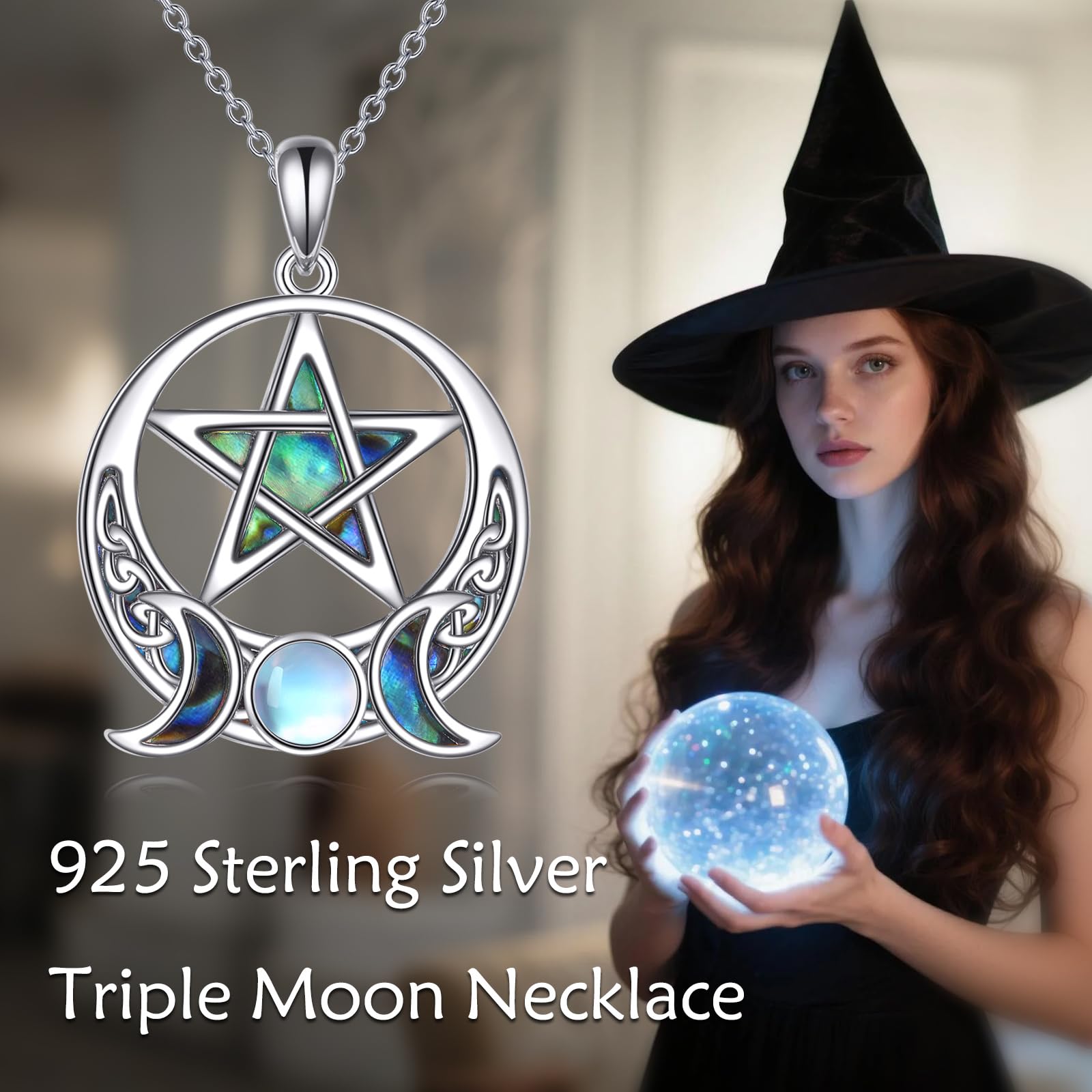 YAFEINI Pentagramm Kette Damen Sterne und Mond Halskette 925 Silber Hecate Anhänger Spirituell Amulett Wiccan Pagan Zauberei Talisman Schmuck Geschenk für Herren