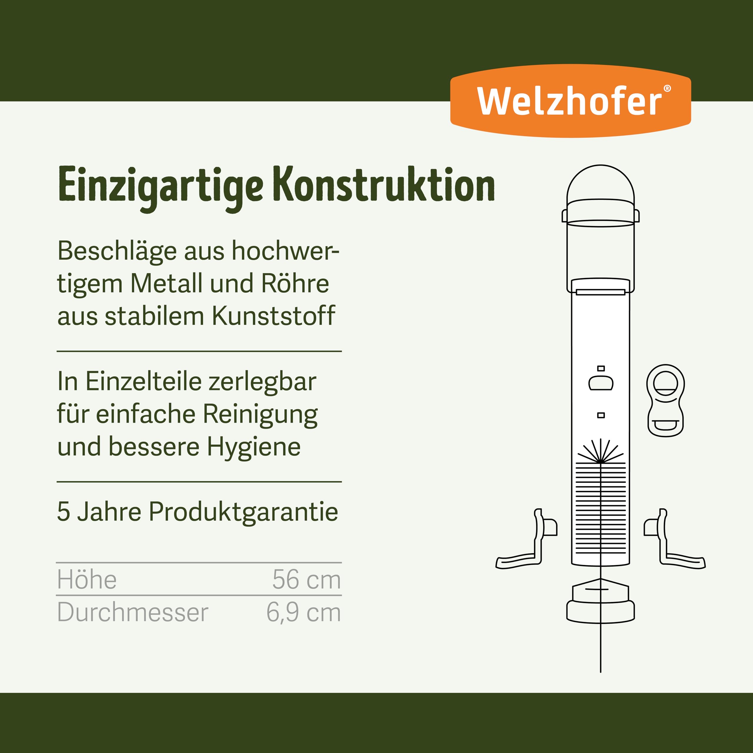 Welzhofer Black Line Mangiatoia Per Uccelli Toni, 2,1 Litri, 6 Anelli Di Seduta, Diametro 69 Mm, Raccords In Metallo