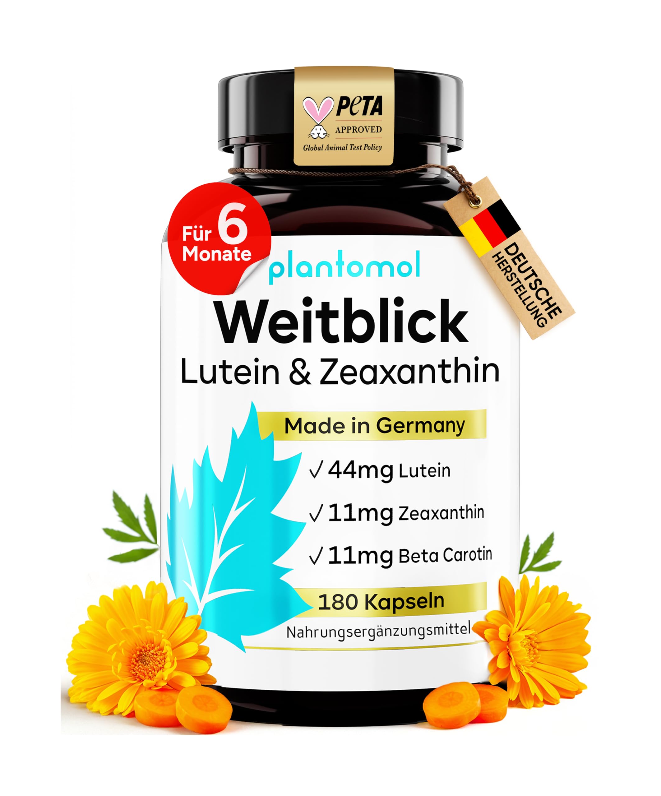 Lutein Zeaxanthin Kapseln - Augenvitamine hochdosiert mit 44mg Lutein + 11mg Zeaxanthin + 11mg Beta Carotin - 6 Monatsvorrat Augen Kapseln - Weitblick