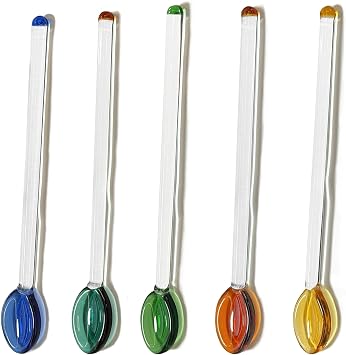 5 Pcs Heat Resistant Cute Tea Glass Spoons 5.5" 140mm Colorful High Borosilicate Drink Stirrers for Salt Sugar Coffee Cocktail Milkshake Cold Drink Beautiful Bar Tools Set