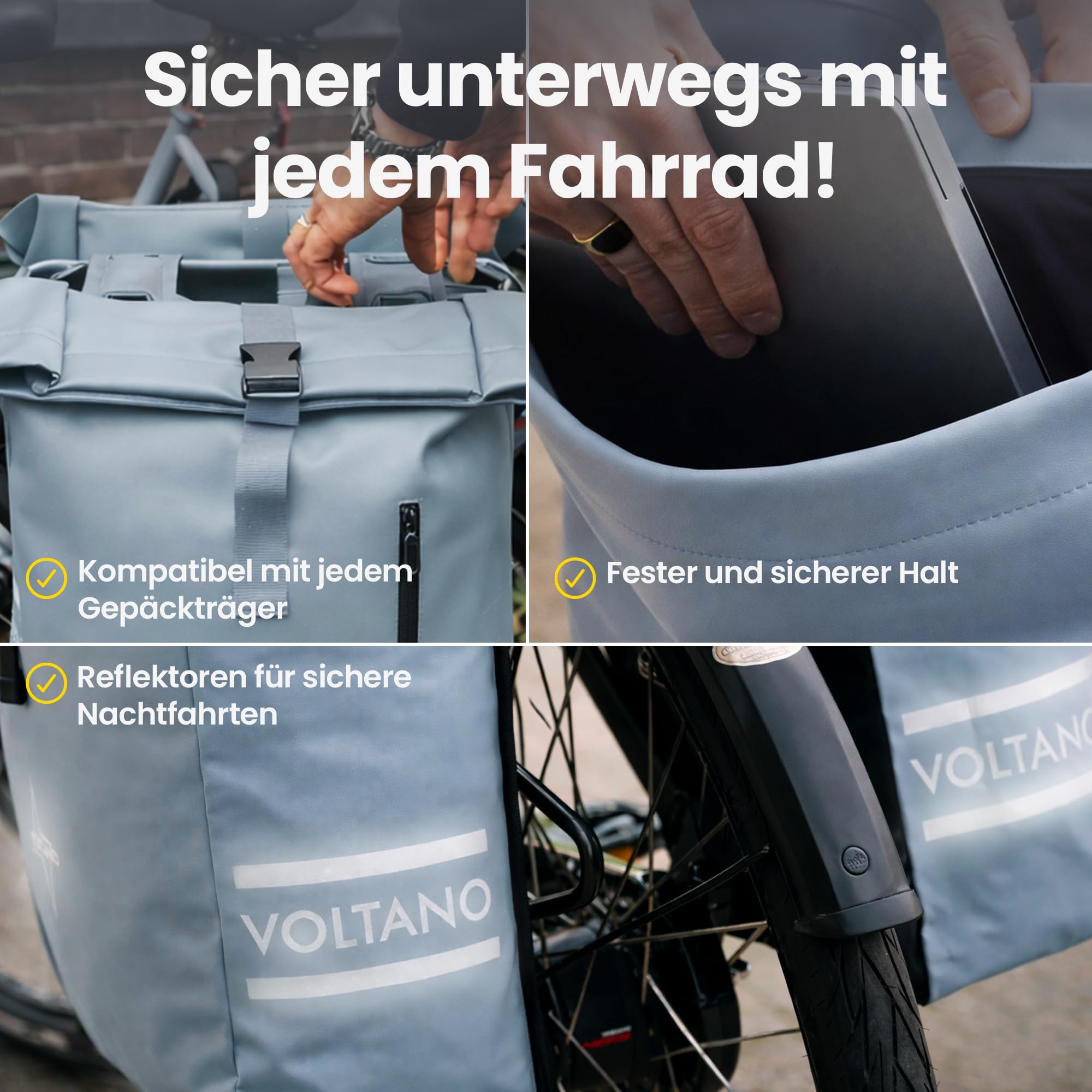 Fahrradtaschen für Gepäckträger 48 Liter 2er Set Rolltop - Eisblau | Fahrradtasche wasserdicht [4 Fächer Rolltop] - Gepäckträgertaschen [Rackmontage] - Doppeltasche abnehmbar für E-Bike
