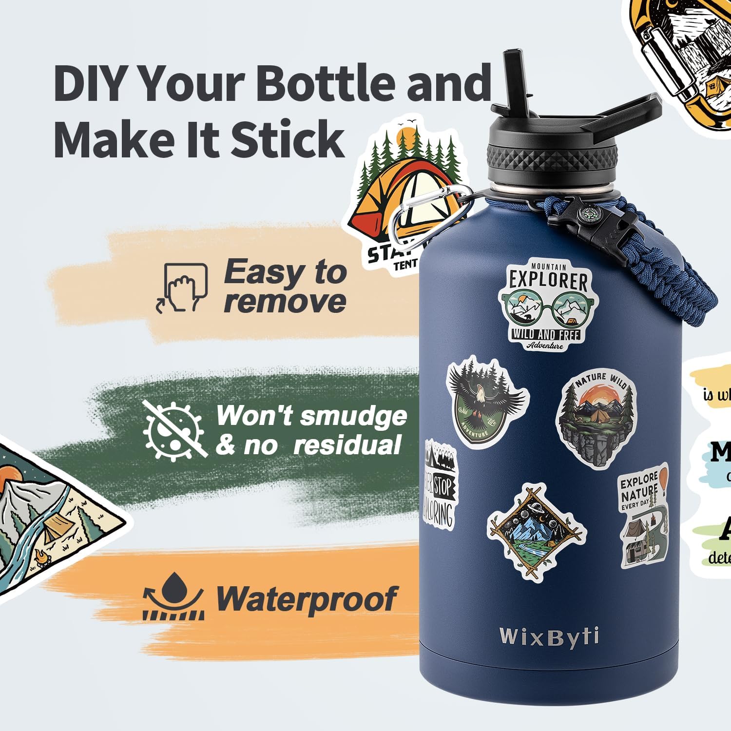 One Gallon Water Bottle Insulated, Triple Wall Vacuum Cold for 48 Hrs & Leak-proof & Non-BPA, 128oz Large Sports Stainless Steel Water Jug with Paracord Handle Straw Spout Lids & DIY Stickers - Image 5