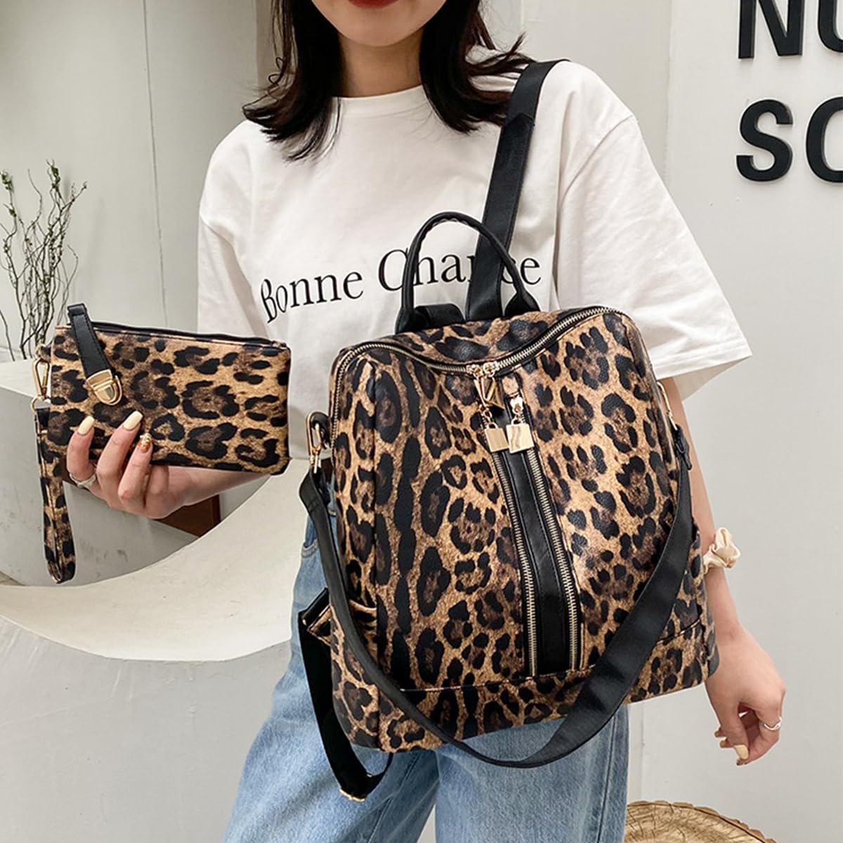 SONARIN Moda Borsa Zaino Donna,Impermeabile PU Zainetti con Pochette Antifurto Zaino Casual Borsa Scuola Zaino da Viaggio Borsa Mano Borsa Tracolla Convertibile(Leopardo Marrone)
