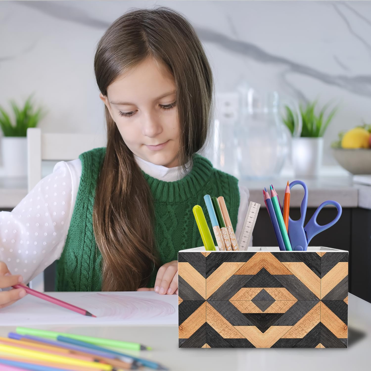 Boho Western Pen Holder for Desk, Western Aztec Pencil Organizer, Vintage Country Southwestern Aztec Wooden Box Sign Desk Decor for Bedroom Home Office Decoration image 5
