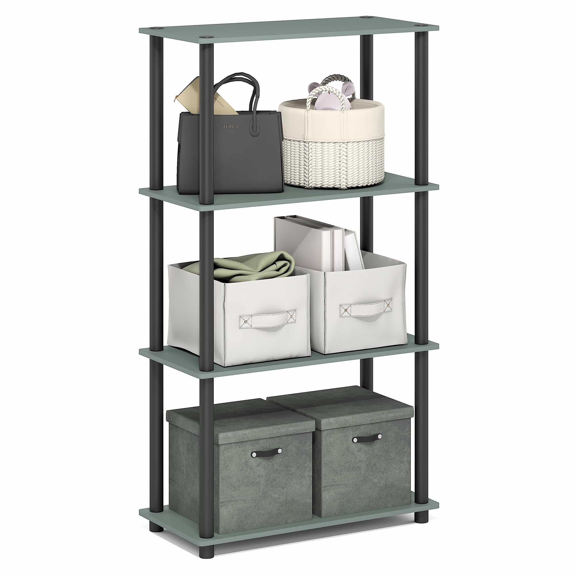 Furinno Turn-N-Tube Storage Shelves, 4-Tier Toolless Book Shelf, Corner Shelf, Open Shelves, for Organization and Storage, Living Room, Garage, Home Office, Sage Green