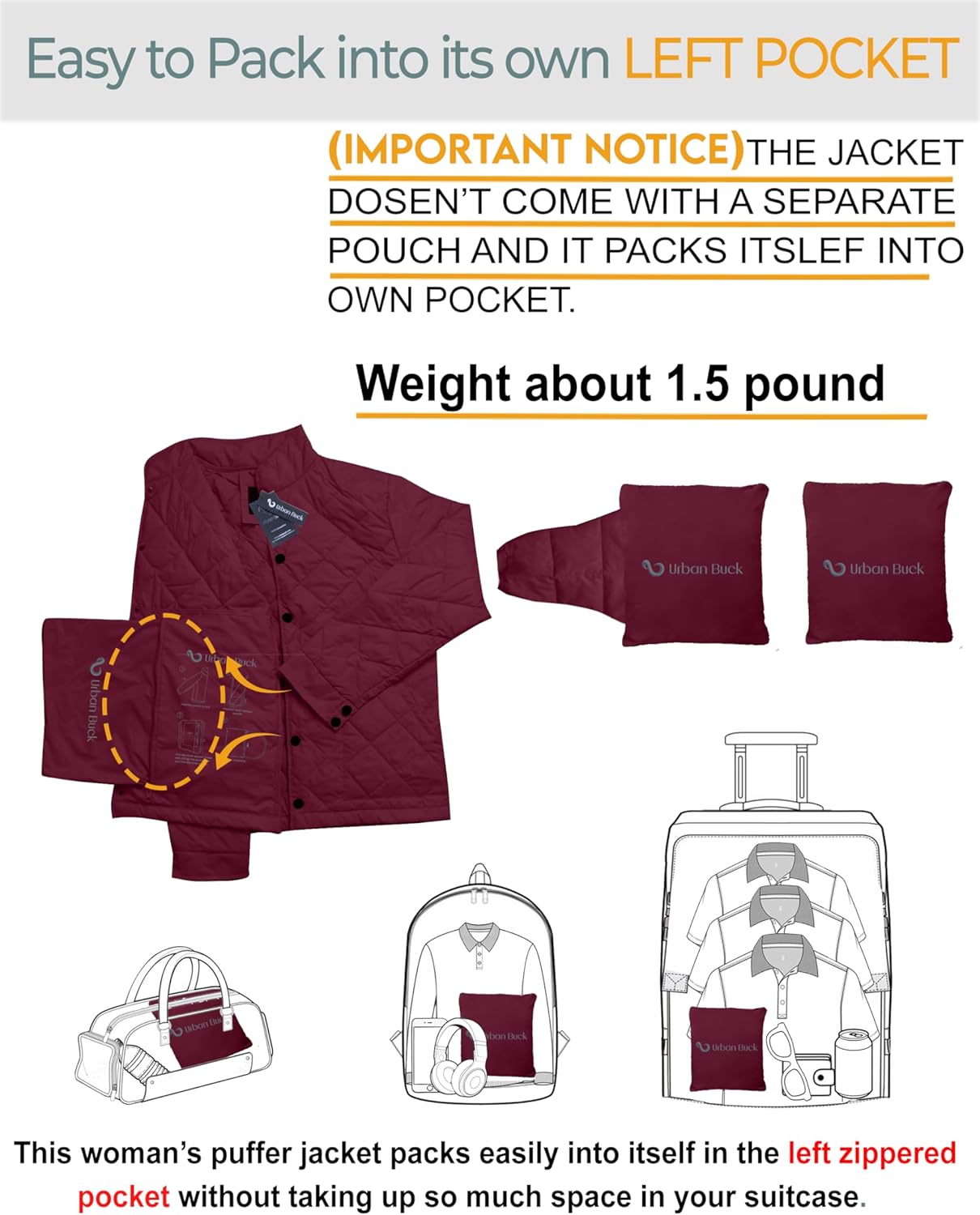 URBAN BUCK Packable Puffer Jacket Women with Hood – 32 Degree Lightweight Quilted Winter Puff Foldable Jacket for Women - Image 5