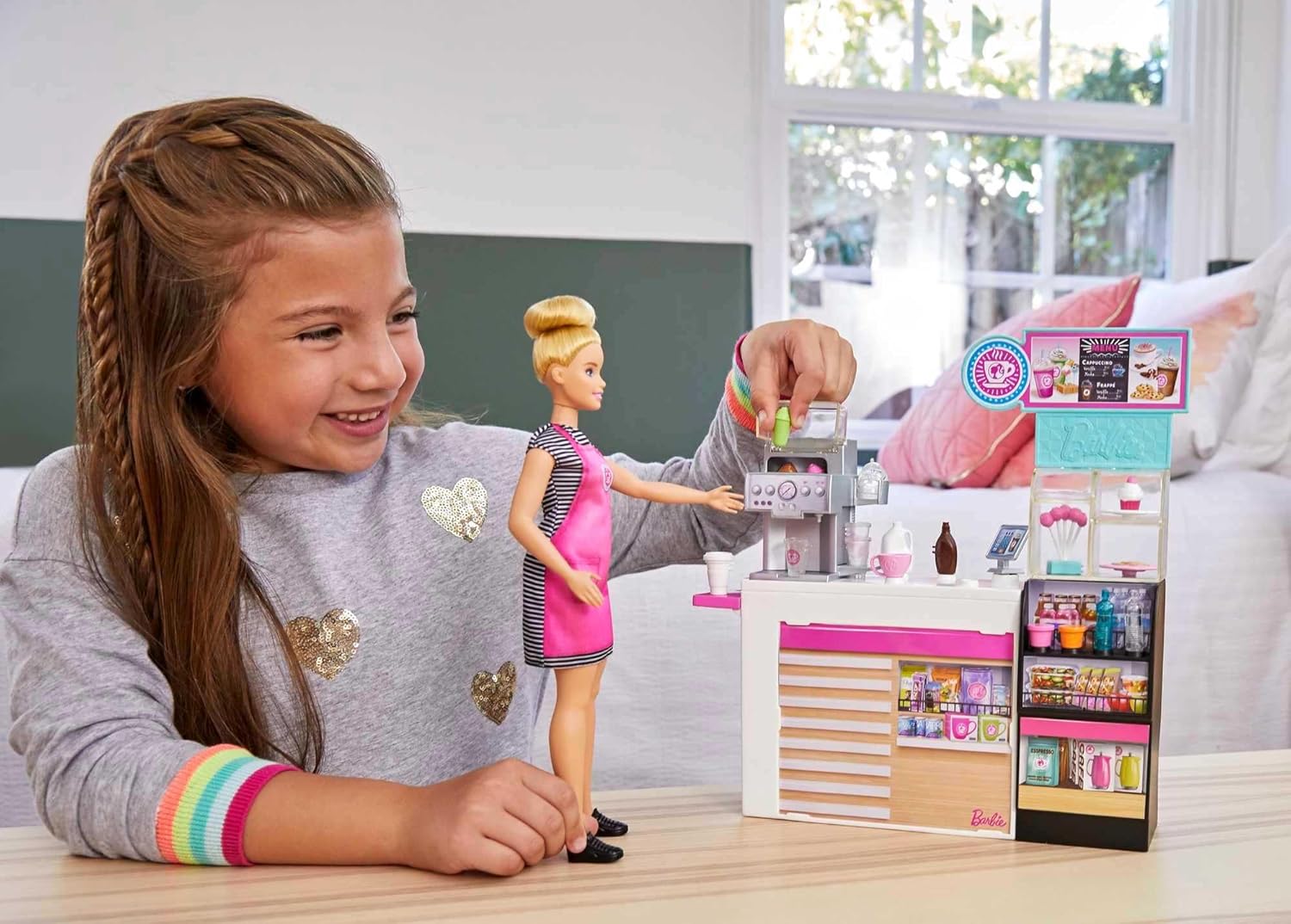 Barbie Coffee Shop with Blonde Curvy Doll and 20+ Realistic Play Pieces: Coffee Shop, Coffee-Smoothie Maker, Milk, Syrup, Coffee & Smoothie Cups & More; for Kids Age 3+
