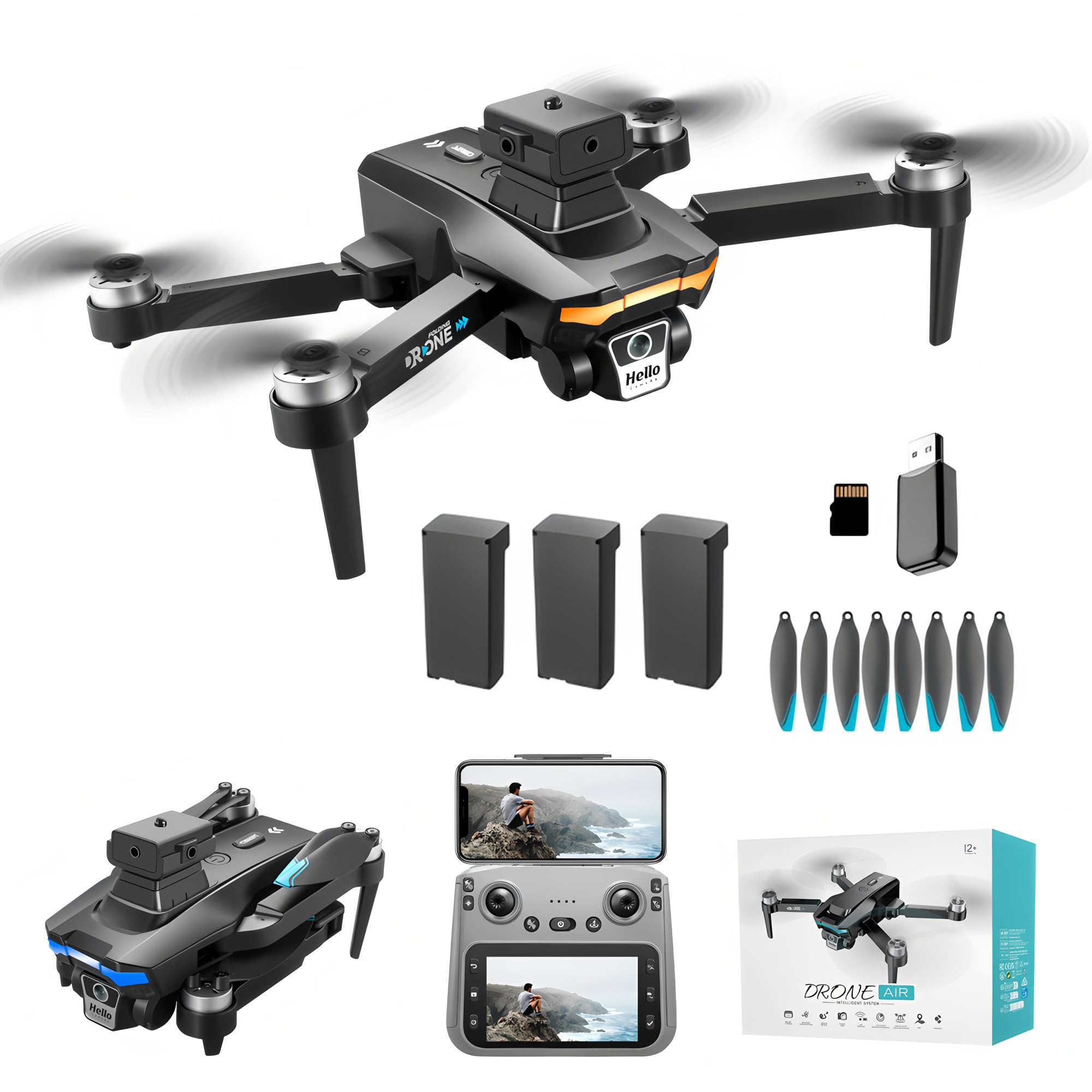 Dron GPS con cámara dual 4K para adultos, pantalla de 4,5 pulgadas, evita obstáculos, 69 minutos de vuelo, retorno automático, seguimiento, motor sin escobillas, para principiantes