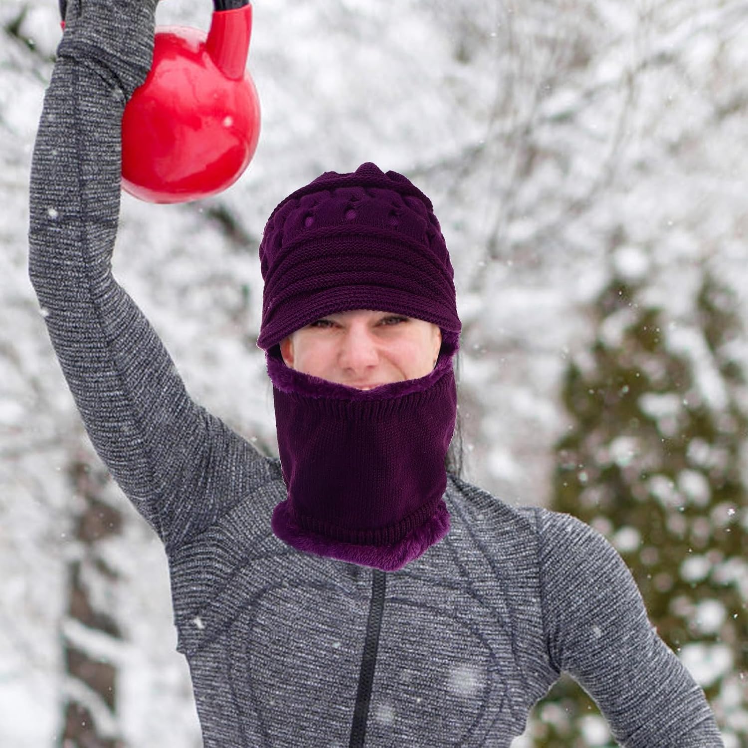 ABOOFAN Purple Plush Winter Cold Hat Hooded Scarf for Adults, Knitted Beanie Designed to Protect from Cold Windy Weather and Keep Warm, for Indoor and Climbing Activities