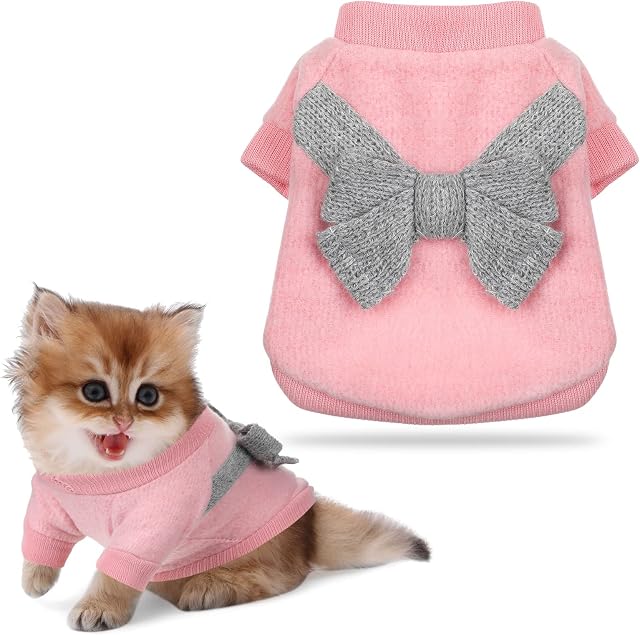 Cute Cat Warm Jumper Sweater Pet Bow Knitwear Winter Dog Clothing Small Puppy Coat Dog Sweater for Chihuahua Yorkshire Christmas Apparel Clothes (Pink, Gray)