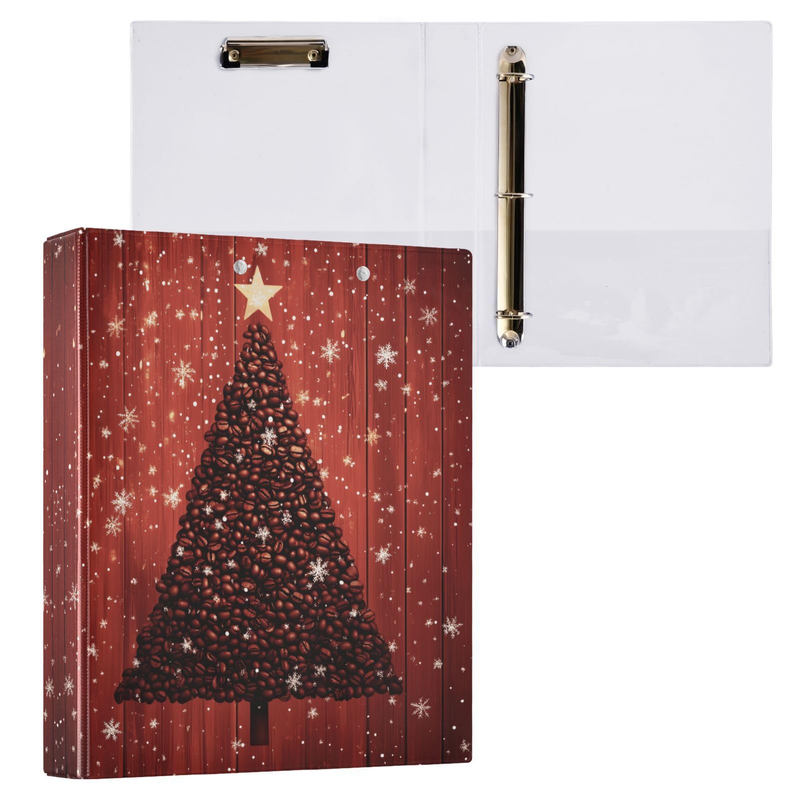 Confezione da 2 raccoglitori a 3 anelli, motivo albero di caffè natalizio, 3,8 cm, con 3 tasche trasparenti, portablocco e contiene 200 fogli, per ufficio, scuola, organizzazione domestica