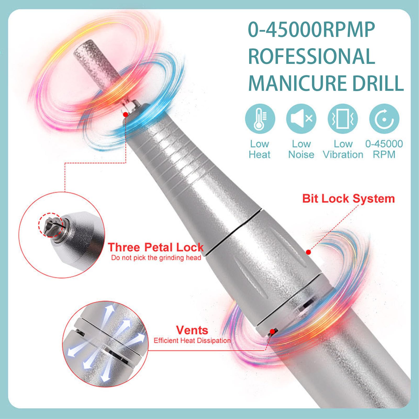 Taladro de Uñas Eléctrico Portátil, Kit de Pedicura de Manicura de Velocidad Recargable de 45000 Rpm, Herramienta de Pulido de Uñas con Múltiples Cabezales de Pulido, para Pulido