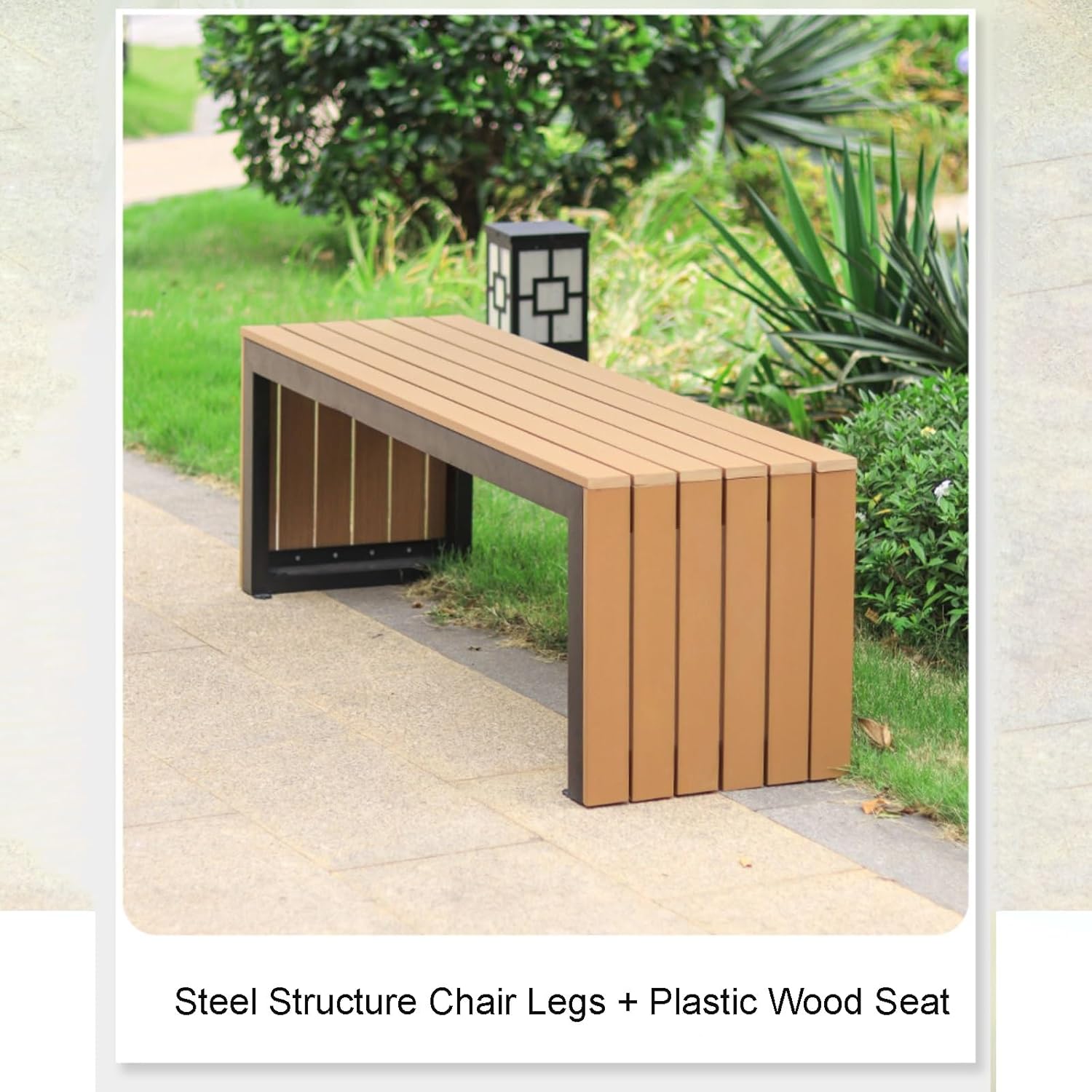 Plastic Wood Garden Bench, Outdoor Park Bench with Slatted Seat, Patio Benches with U-shaped Seat for Conservatory, Garden, Poolside, Deck(59.0in/150cm)