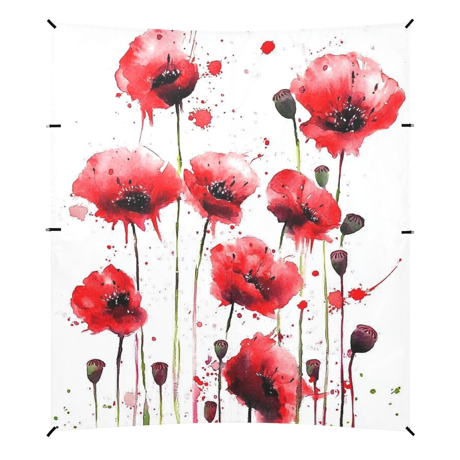 Watercolor Poppy Flowers Foldable Beach Cabana UPF50+ Protection Easy Setup Outdoor Sun Shade with Sand Shovel, Sandbags for Camping, Fishing, Backyard Fun