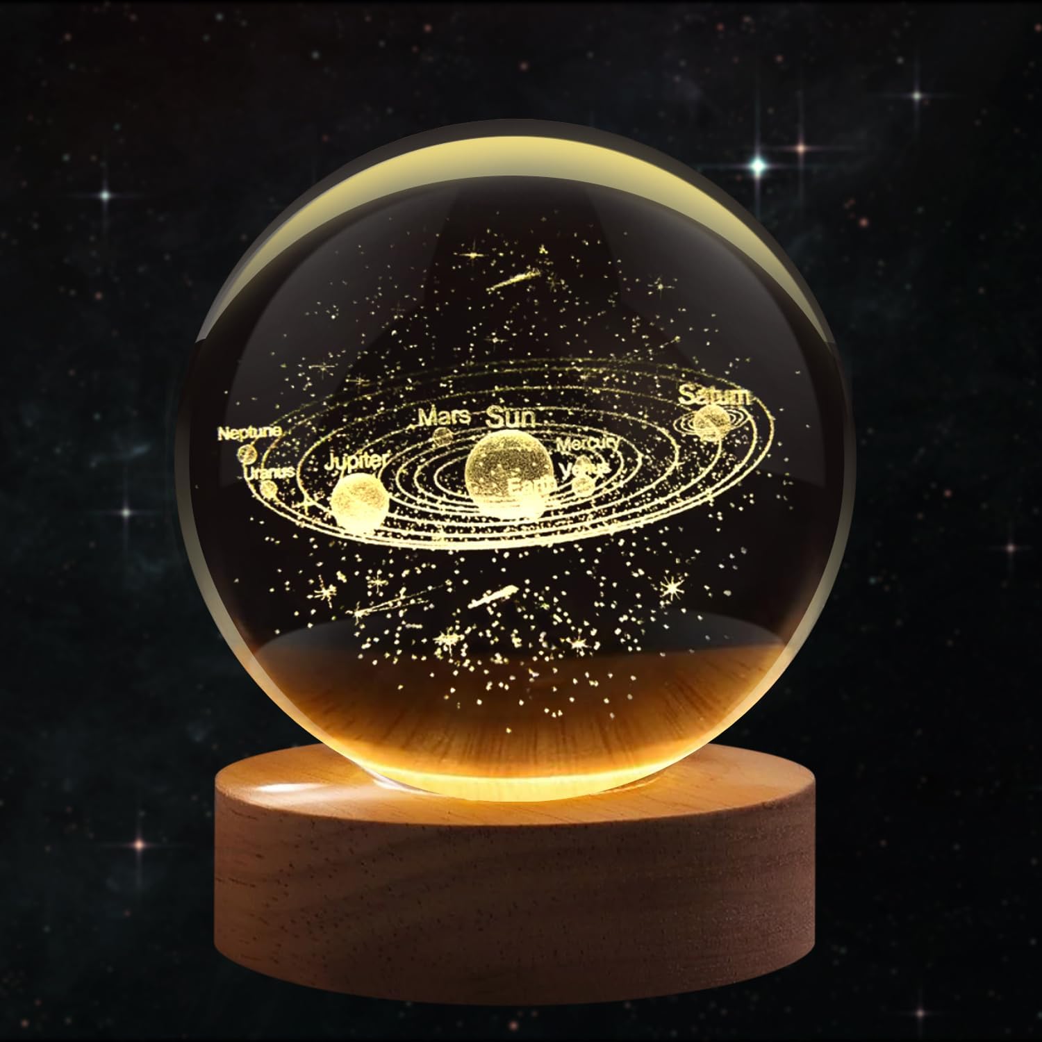 Flexzion 3D Solar System Crystal Ball Night Light - LED Light Hologram Glass Lamp with Solid Wood Base, USB Powered Crystal Ball Lamp w/Adjustable Brightness for Home Decor Display Gift,2.4inch(60mm)