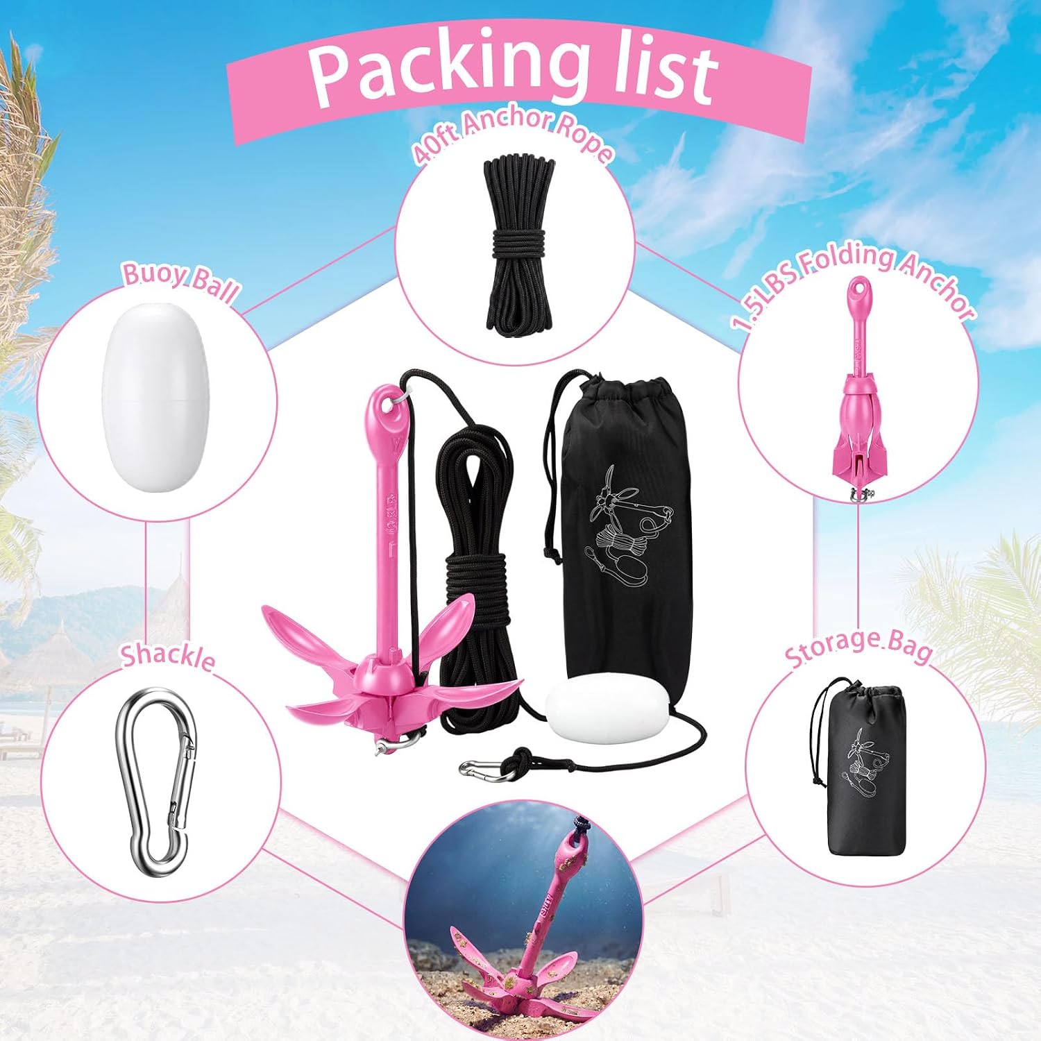 MorningRo 1 Pack 1.5/3.5 lb Marine Kayak Anchor Kit with 40ft Rope and Buoy Folding Grapnel Boat Anchor Kit Kayak Fishing Accessories for Small Boats, Canoe, SUP Paddle Boards