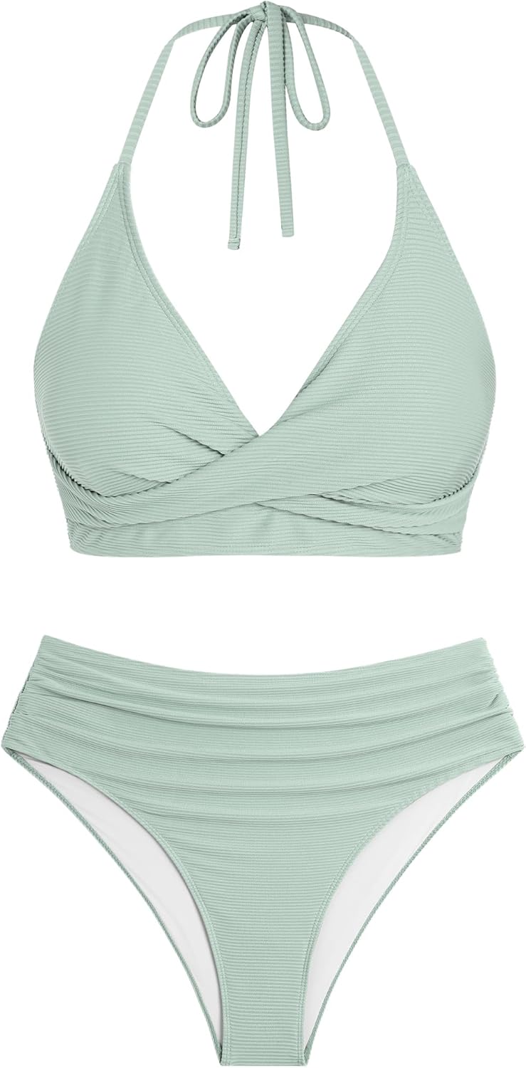 ZAFUL Twist High Waisted Bikini for Women Cross Lace Up Bathing Suit Ruched Bikini Swimsuits Tummy Control Swimwears