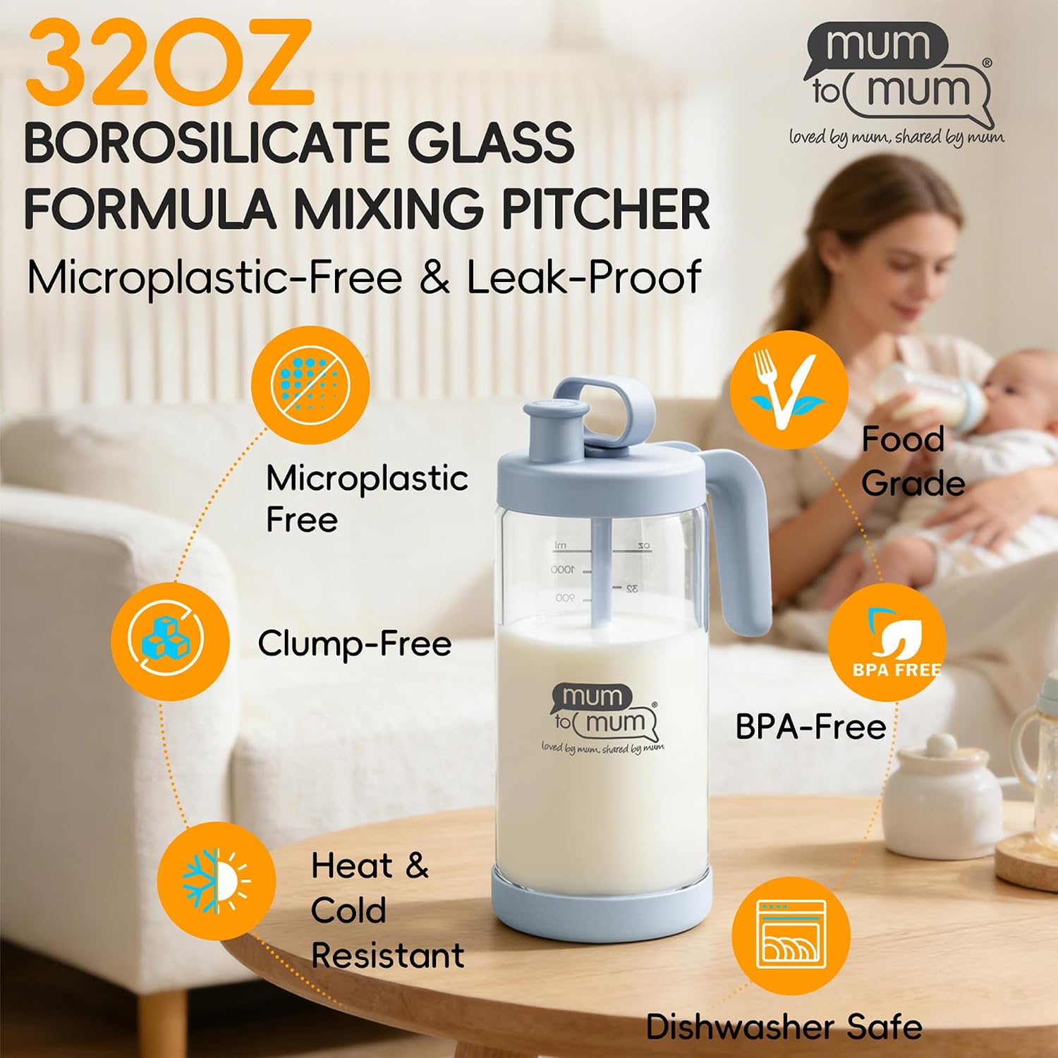 MUM TO MUM 32oz Glass Formula Mixing Pitcher, Microplastic-Free Design, Leak-Proof Breastmilk Storage with Silicone Seal, Dishwasher Safe & Thermal Shock Resistant (Light blue)