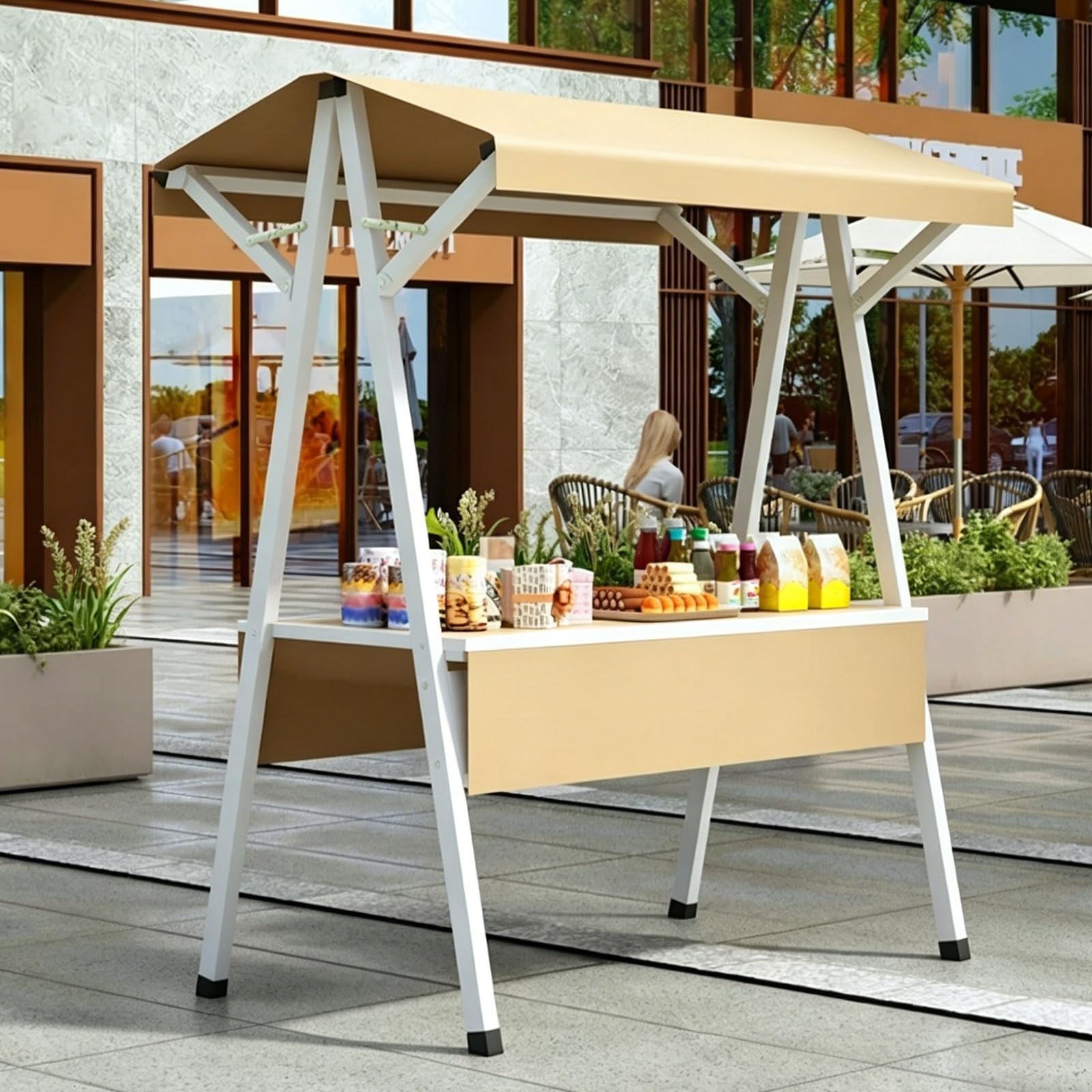 Farmers Market Stand Portable Vendor Cart with Canopy Outdoor Farm Stand for Roadside Display(Beige,160cm/63in)